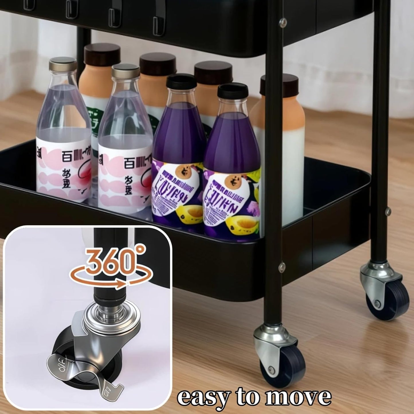 2 Tier Metal Rolling Utility Cart with Wheels Under Desk Storage Cart with Handle, Roll Around Organizer Trolley for Small Space Pantry Bathroom Home Kitchen Office Snack Baby Supplies, Black