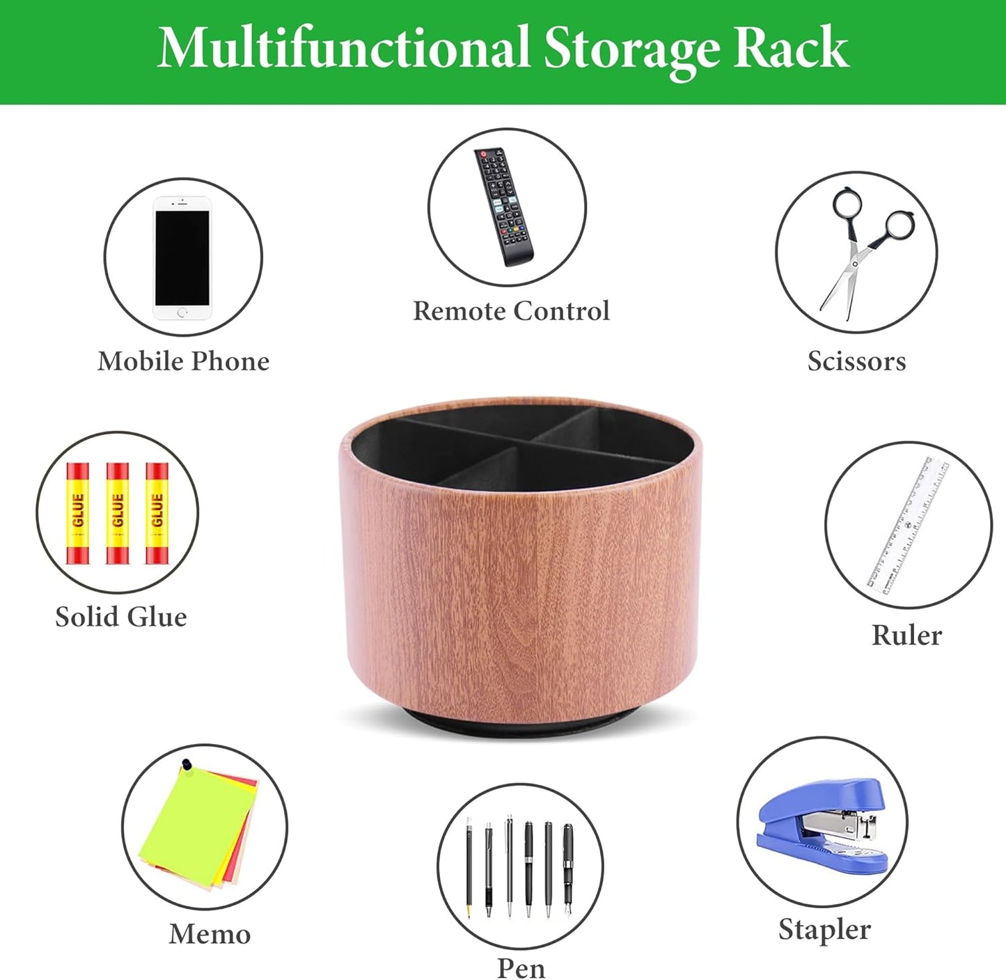 Round Leather Art Supply Organizer,Remote Control Holder,360 Degree Spinning,Multi-Functional Pencil Holder,4 Compartments Desktop Stationary Organizer(1-Thin Wood Ligh Brown)