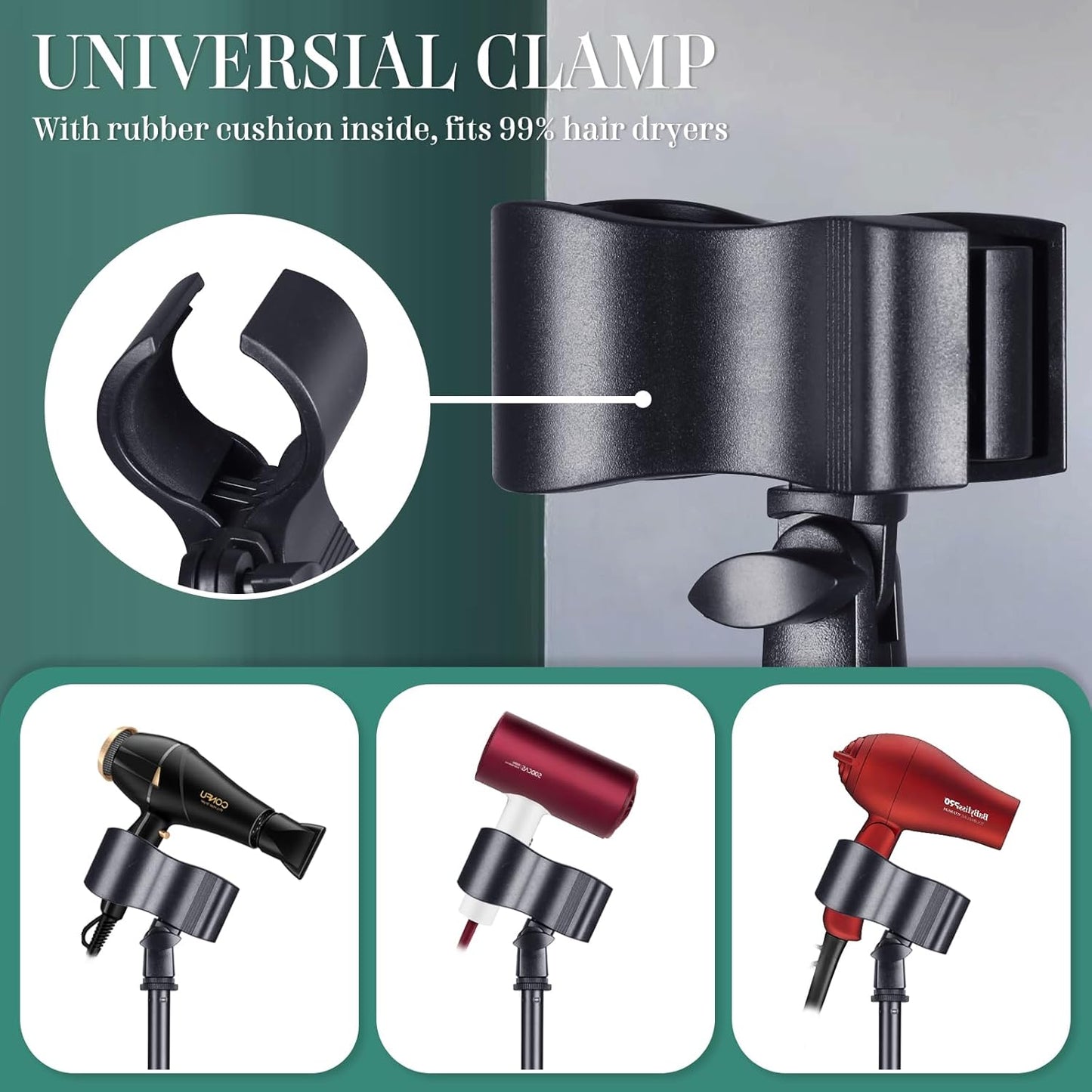 Hair Dryer Holder Hands Free 59in/150cm Height Adjustable Blower Stand with Upgraded Larger Clamp, 180 Degrees Rotatable Heavy Duty Blow Dryer Floor Stand Countertop Holder