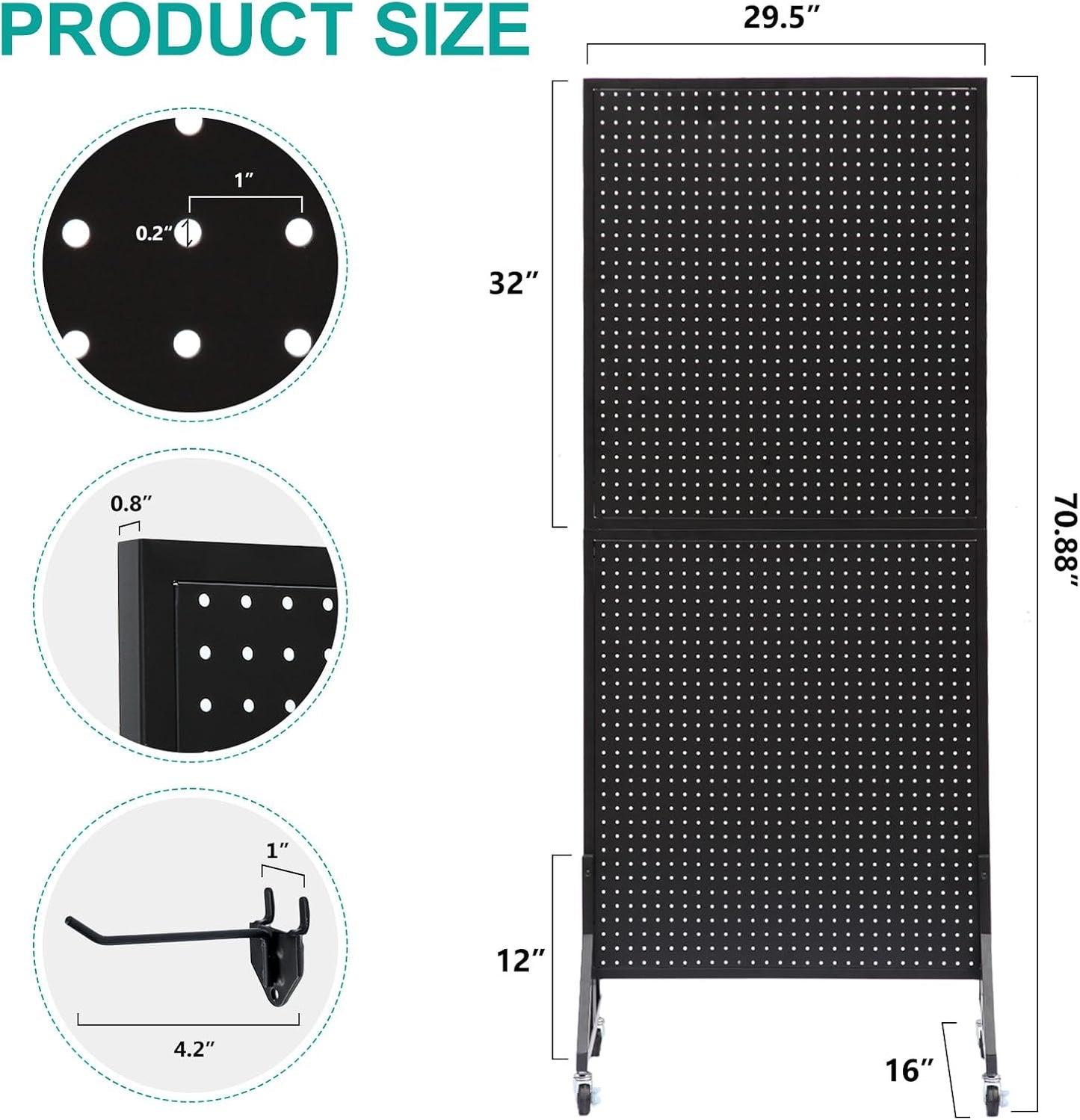 Eastern Tree 2.5'x 6' Metal Pegboard Display Stand with T-Base, Black Peg Board Panels Display with Casters, Standing Pegboard Display, Retail Display Stand, Extra 10 Pieces Hooks, Black