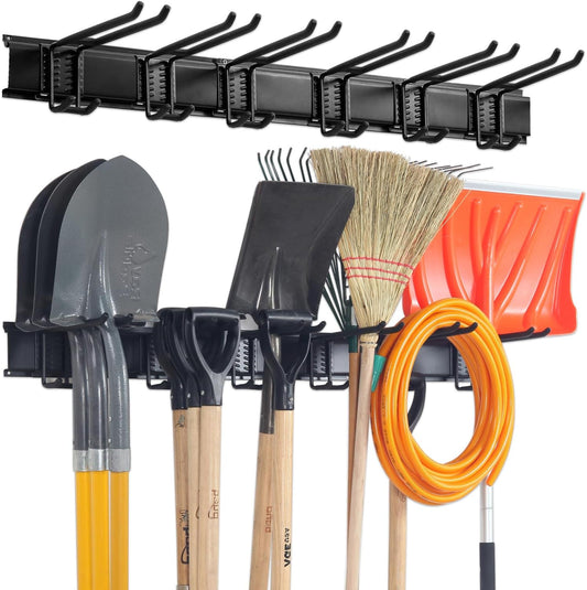Wall Mount Tool Storage Rack, Garage Organization, Heavy Duty Garage Storage Tool Organizer, Garden Tool Wall Hooks and Hangers, Hold Up to 350lbs Black