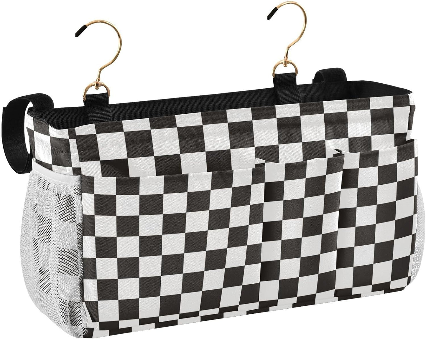 Checkered Black Bedside Caddy for Dorm Bed Bedside Hanging Caddy Bag Iron Frame Storage Organizer Pocket for Bunk Home College Hospital Beds 2 Hooks