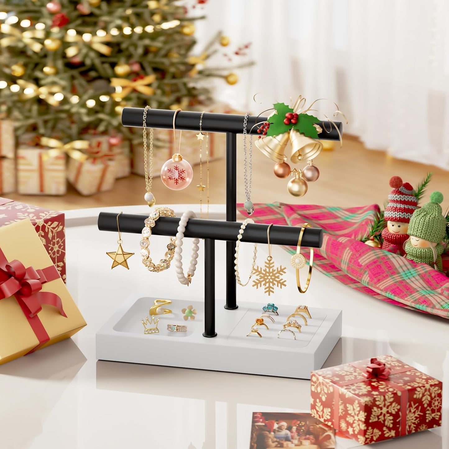 SZQINJI Bracelet Holder Organizer Jewelry Display Stand, Solid Wood Base with 2 Tier Metal T-bar for Bracelet Wristband Bangle Watch Necklace Hanging, White, Christmas Gift