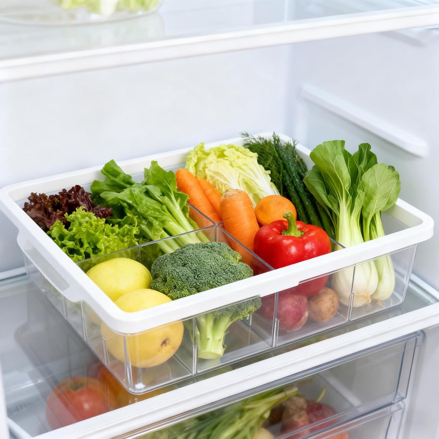 Fridge Drawer Organizer, Refrigerator Organizer Bins, Pull Out with Handle, fridge drawer organizer for Deli Meat, Cheese, Produce and More, Stretchable and Deep Storage (White-2)