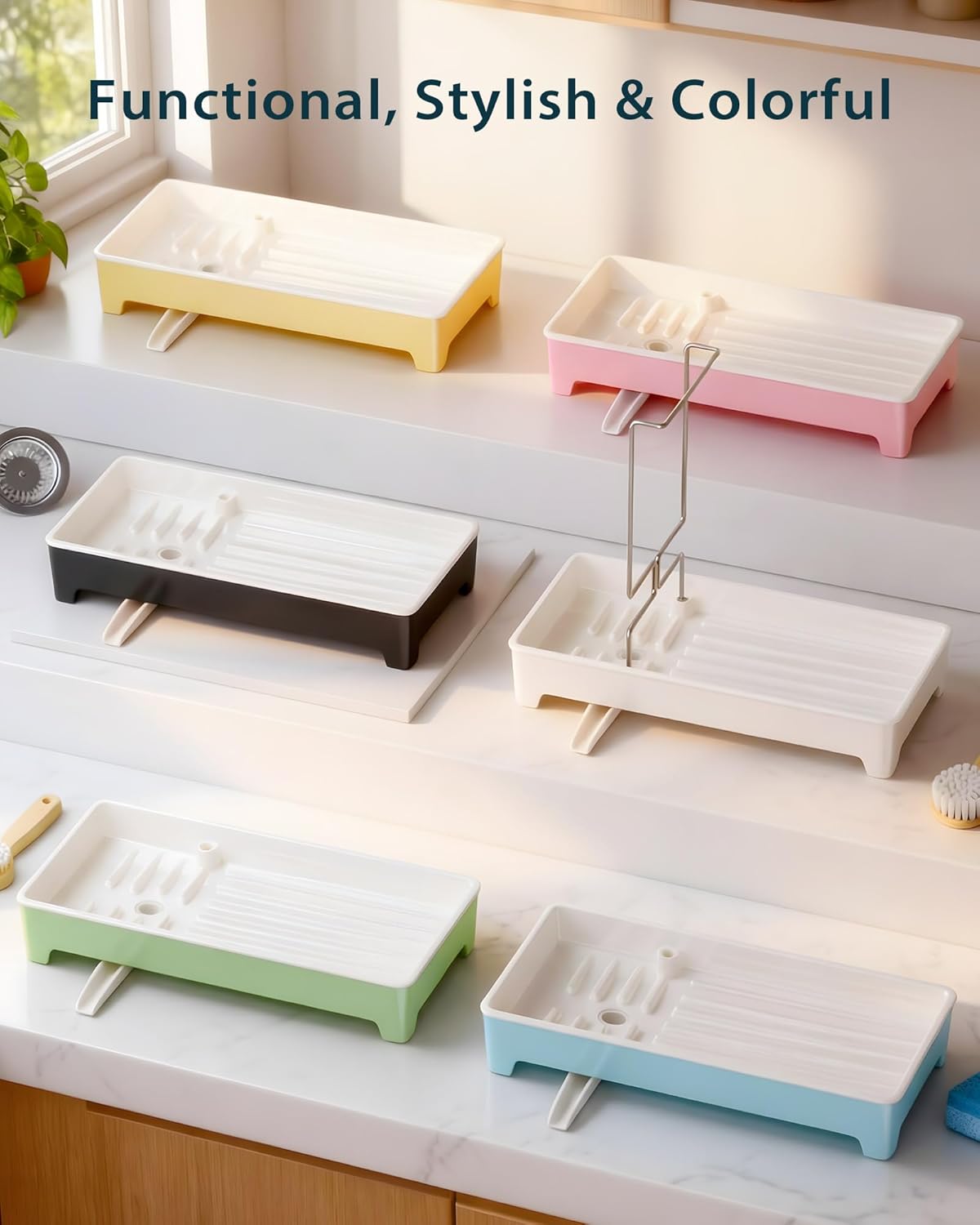 Ceramic-Look Sink Caddy, Rustproof Sponge Holder for Kitchen Sink with 304 Stainless-Steel Brush Holder, Countertop Rack Organizer with Raised Ridges & Silicone Drain Tube (Pastel Yellow)
