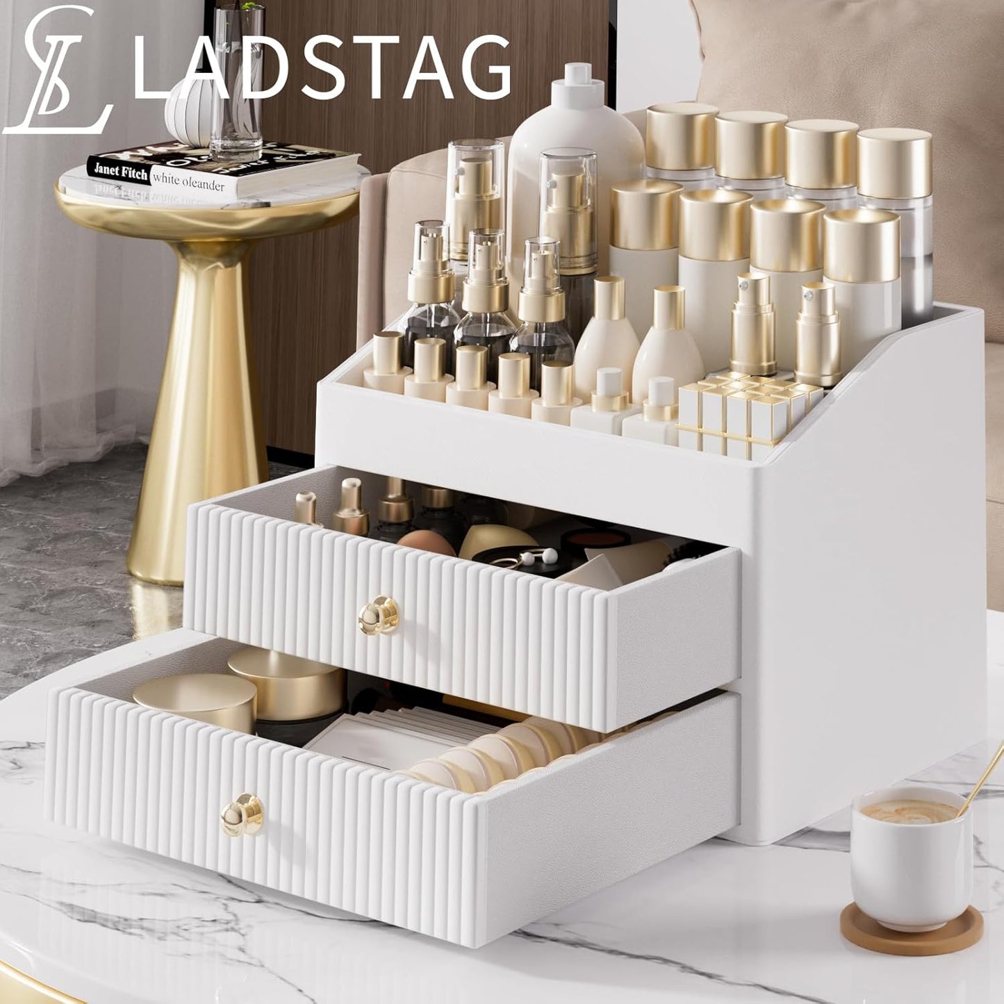 Makeup Organizer Countertop,Leather Makeup Storage with 2 Drawers,Large Capacity Beige White Make up Organizers for Counter,Bedroom,Bathroom,Birthday Gifts for Women