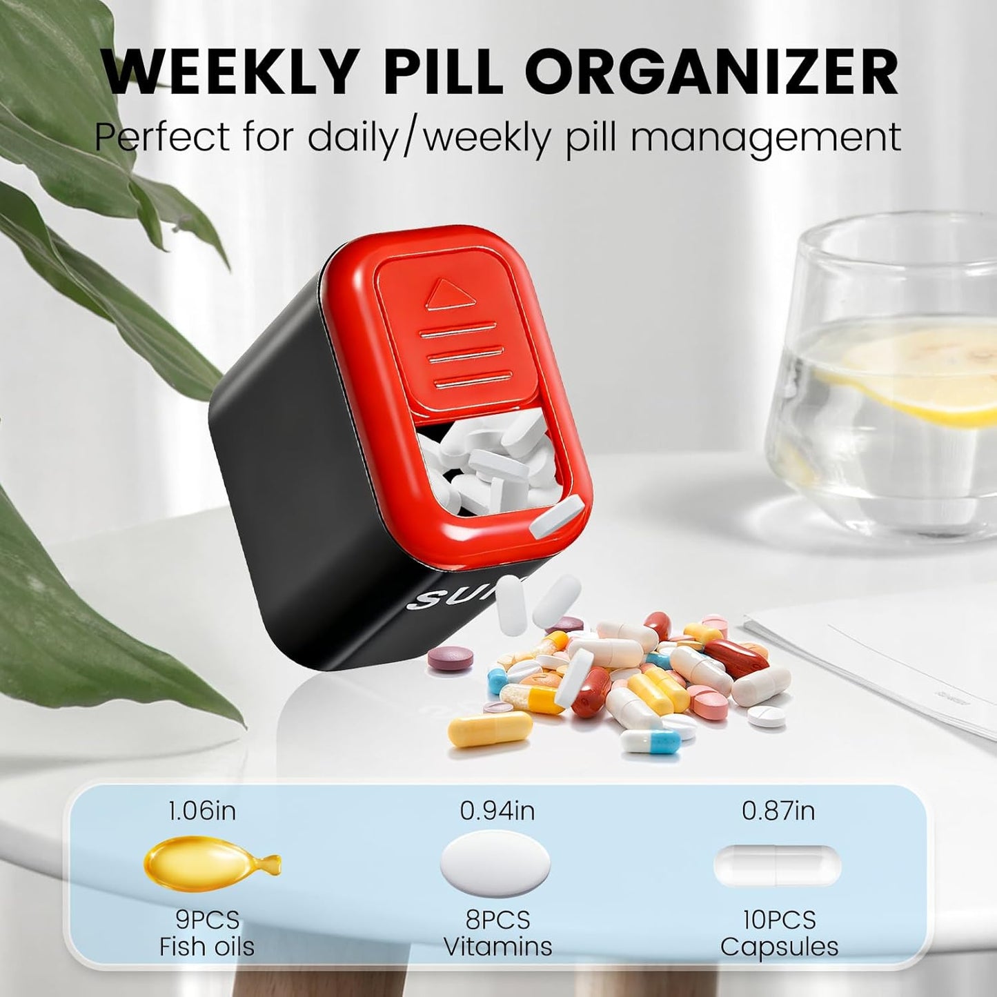 Pill Organizer Easy-Slide Lid, Removable 7 Day 1 Time a Day Pill Box, Large Travel Pill Case, Week Once Daily Medication Dispenser, Pill Container Holder for Supplement, Vitamin, Black