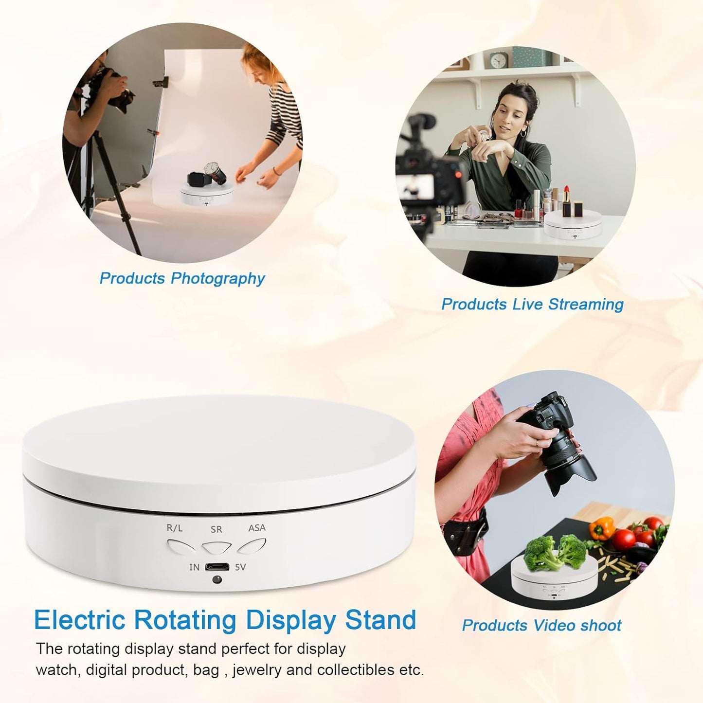 22 lbs Motorized Rotating Display Stand for Jewelry, 360 Degree, Automatic Mute Rotating Display Stand, Electronic Turntable with USB Charging Port for Display, Photography Products, Cupcakes, Toys