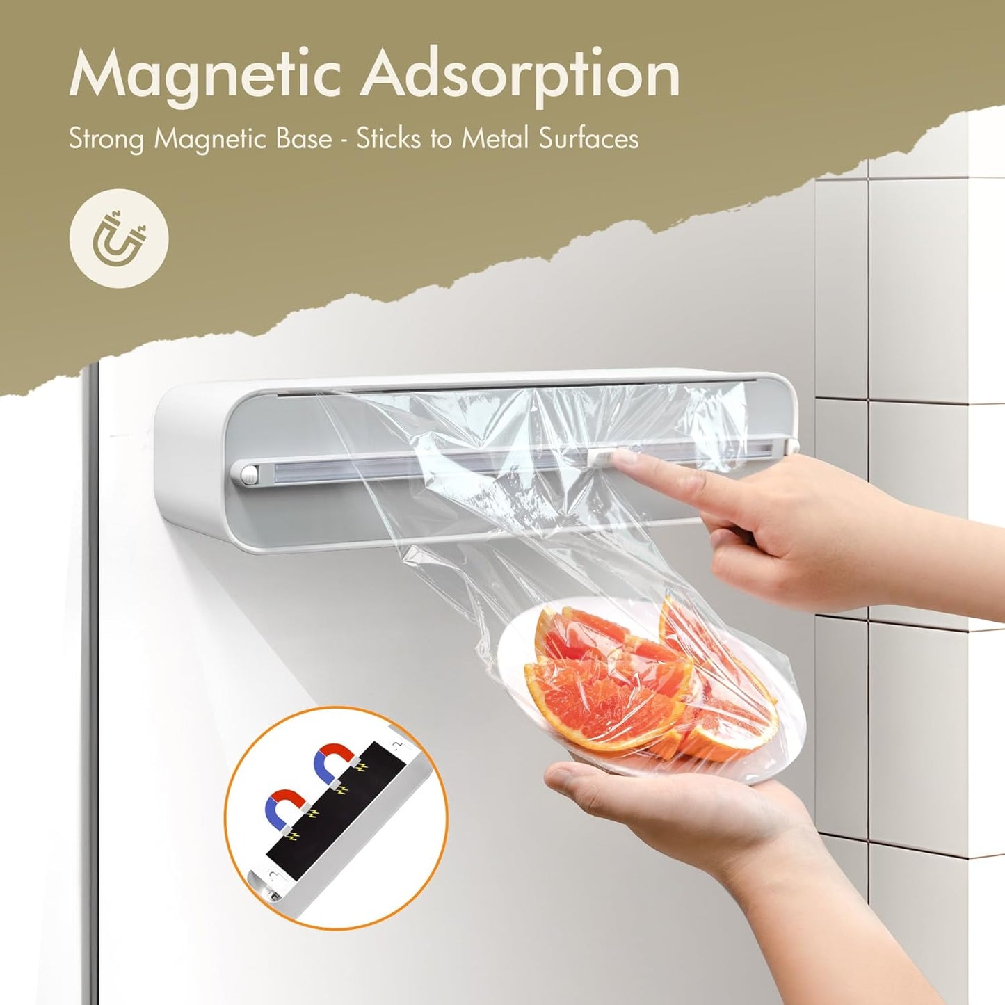 Aluminum Foil & Plastic Wrap Dispenser with Cutter - Magnetic & No-Drill Wall Mount, Cling Film Dispenser for Countertops & Cabinets, Space-Saving Kitchen Organizer - Fits 300 m Rolls, White