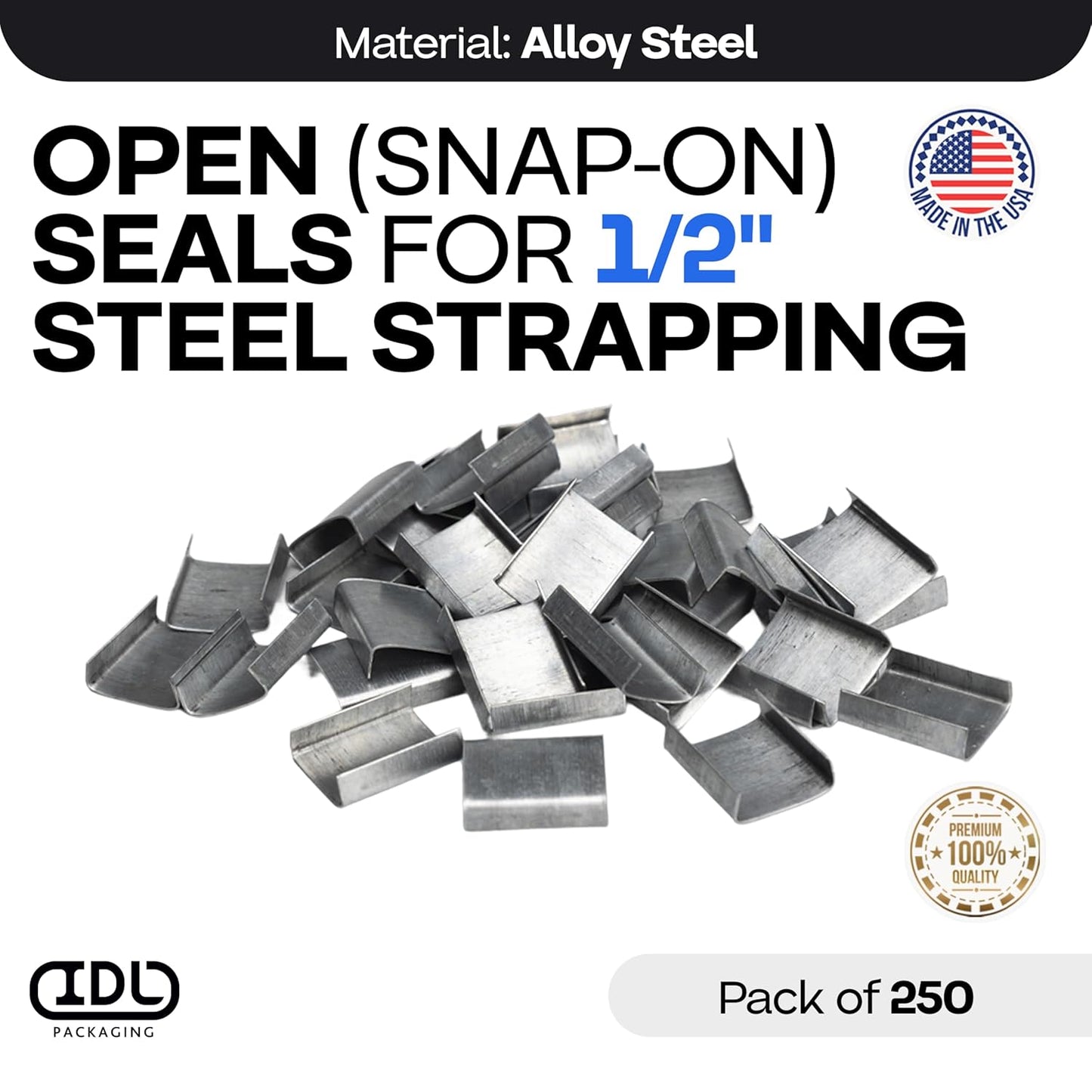 IDL Packaging 1/2" Open (Snap-On) Seals for Steel Strapping, Pack of 250 - USA-Made Sturdy Metal Clips for Securing Heavy Packaging and Pallet Banding - Superior Holding Power for Steel Banding Jobs