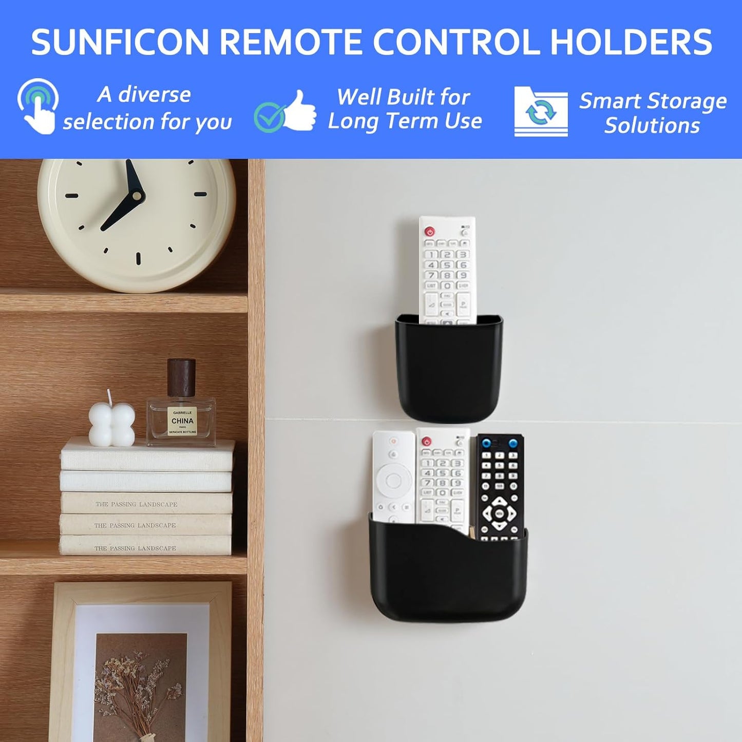Remote Holder Wall Mount TV FAN Remote Control Holder Bedside Caddy Wall Organizer Phone Holder for Office Adhesive Media Player Controller Holder Box Tray Home Desk Nightstand Black 1 Big 2 Small