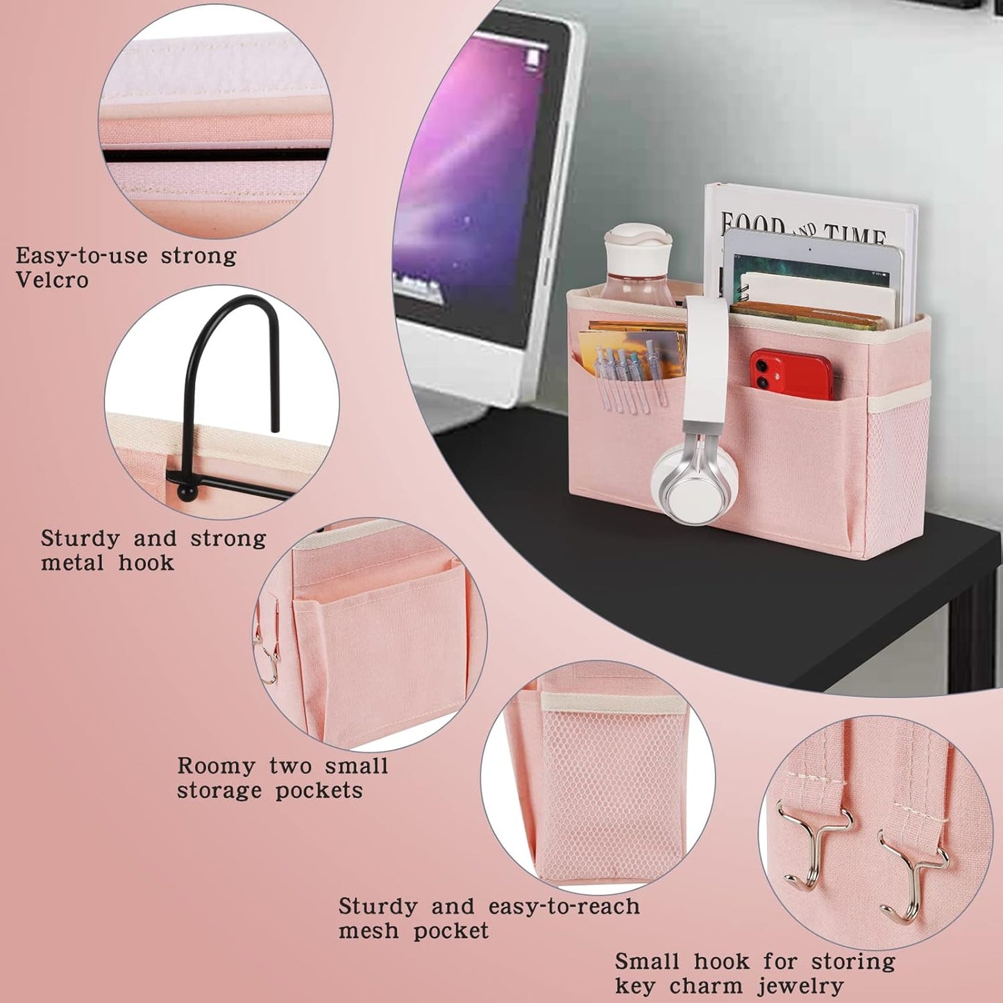 Bedside Caddy Bedside Storage Organizer Hanging Bunk Bed Dorm Room with Side Pockets for Water Bottles, Books, Cell Phones, Headphones 2 Pack (Pink)