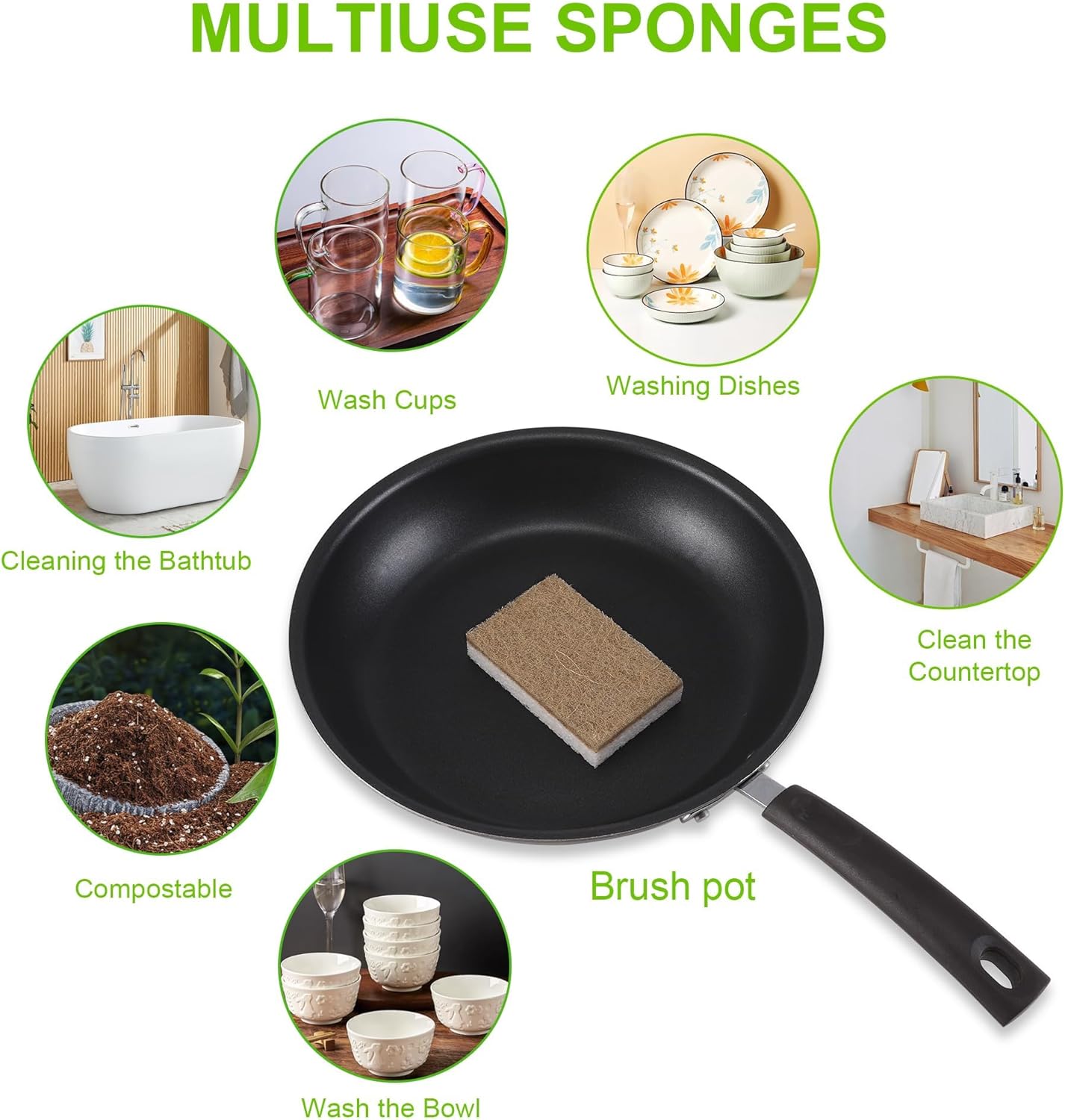 Natural Dish Sponges 16 Pack - Biodegradable Sponge Kitchen Compostable Cellulose Coconut Scrubber - No Scratch Cleaning Sponges