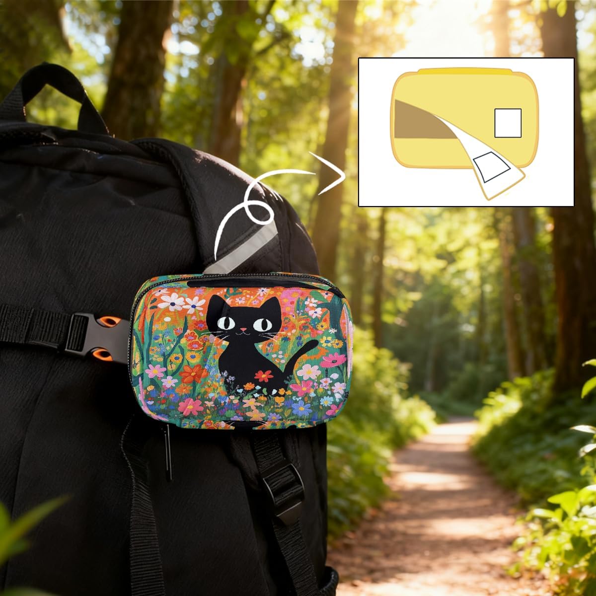 Cute Black Cat Flowers Pill Organizer Travel Medicine Case with Zipper Daily Vitamin Storage Bag Portable 8 Slot Weekly Pill Box Supplement Holder for Home Office Gym Travel