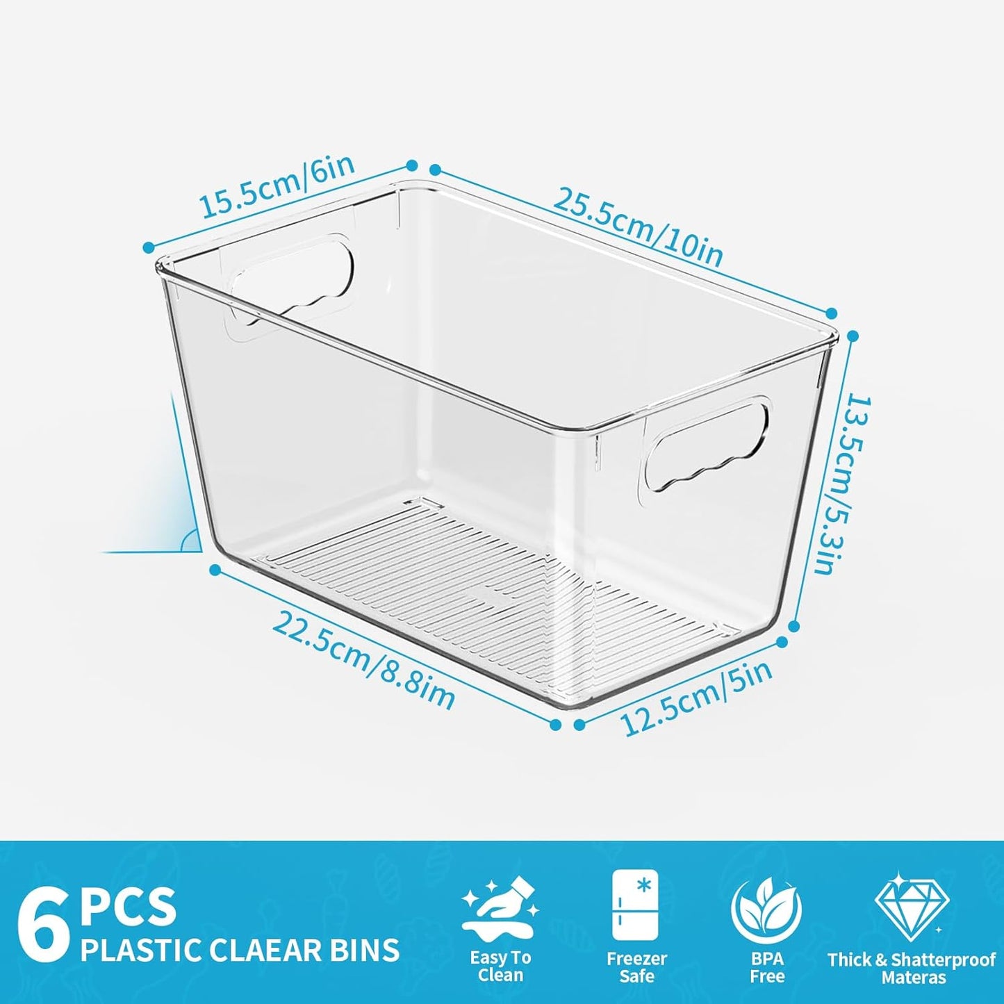 Clear Pantry Organizer Bins, Storage Containers & Plastic Containers with Handle, Cabinet Organizer, Home Organization Must Haves for Kitchen, Laundry Room, Office, Closet & Freezer (6 Pack)