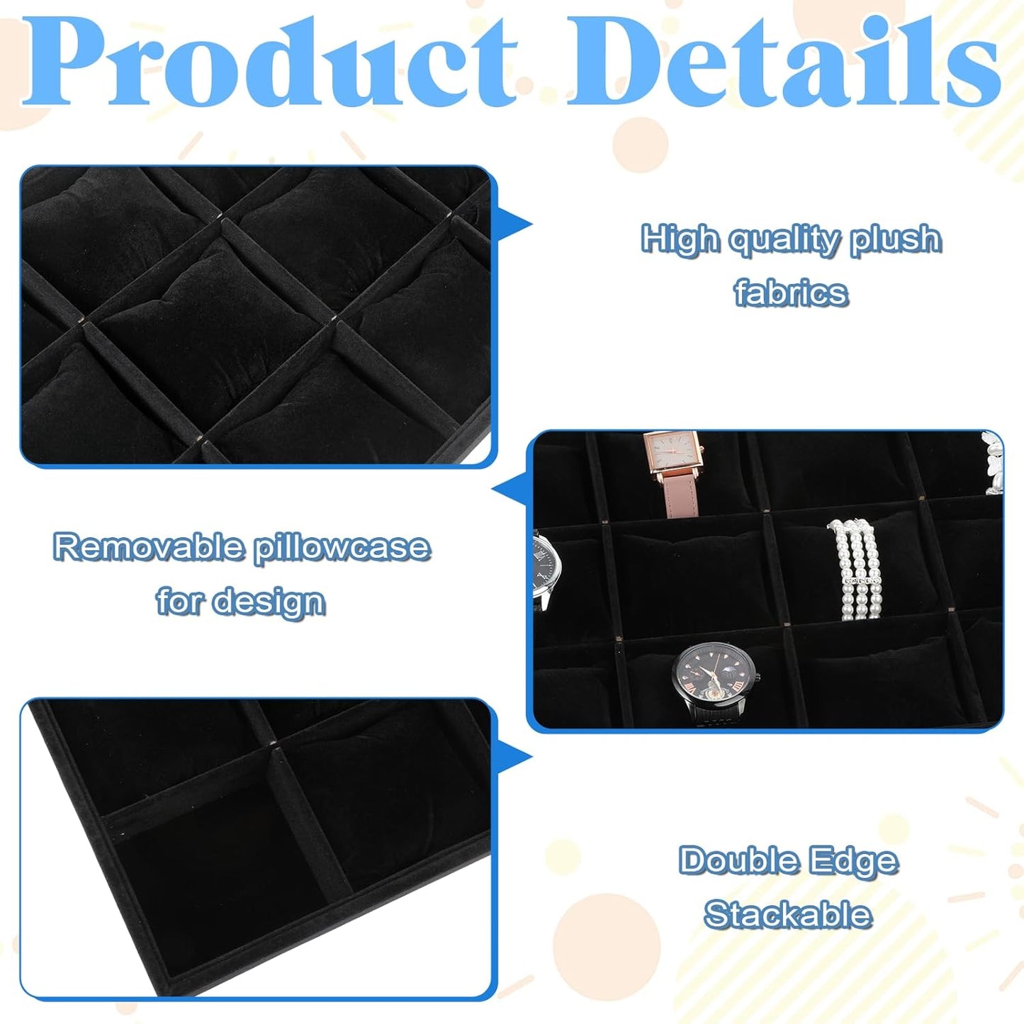2 PCS Watch Holder Organizer for Men,12 Grid Watches Storage Box with Adjustable Bracelet Pillow, Boxwood Stackable Jewelry Trays, Watch Display for Selling, Women and Men -Black