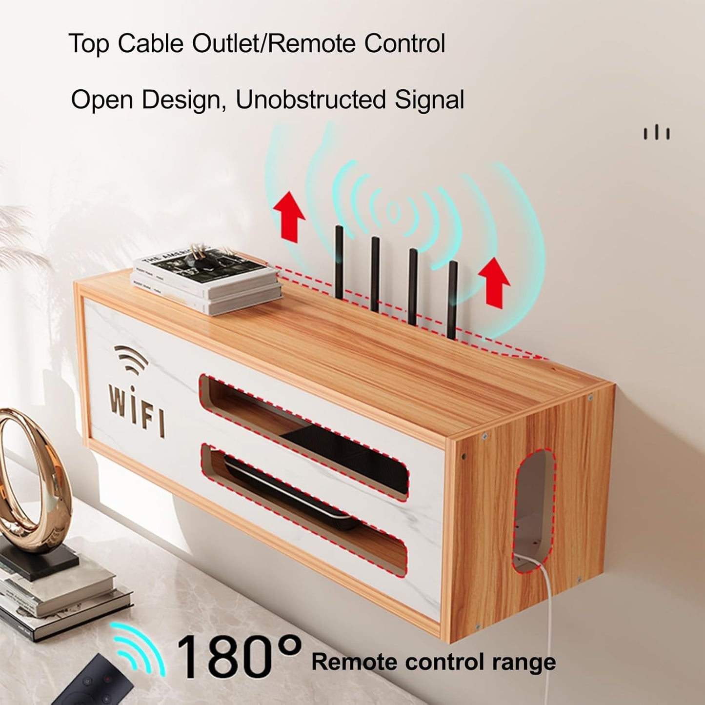 Wall Mount WiFi Router Box, WiFi Router Storage Cabinet, Power Strip and Cable Management Hider Rack, Invisible Storage, for Living Room, Office, Bedroom(Brown)