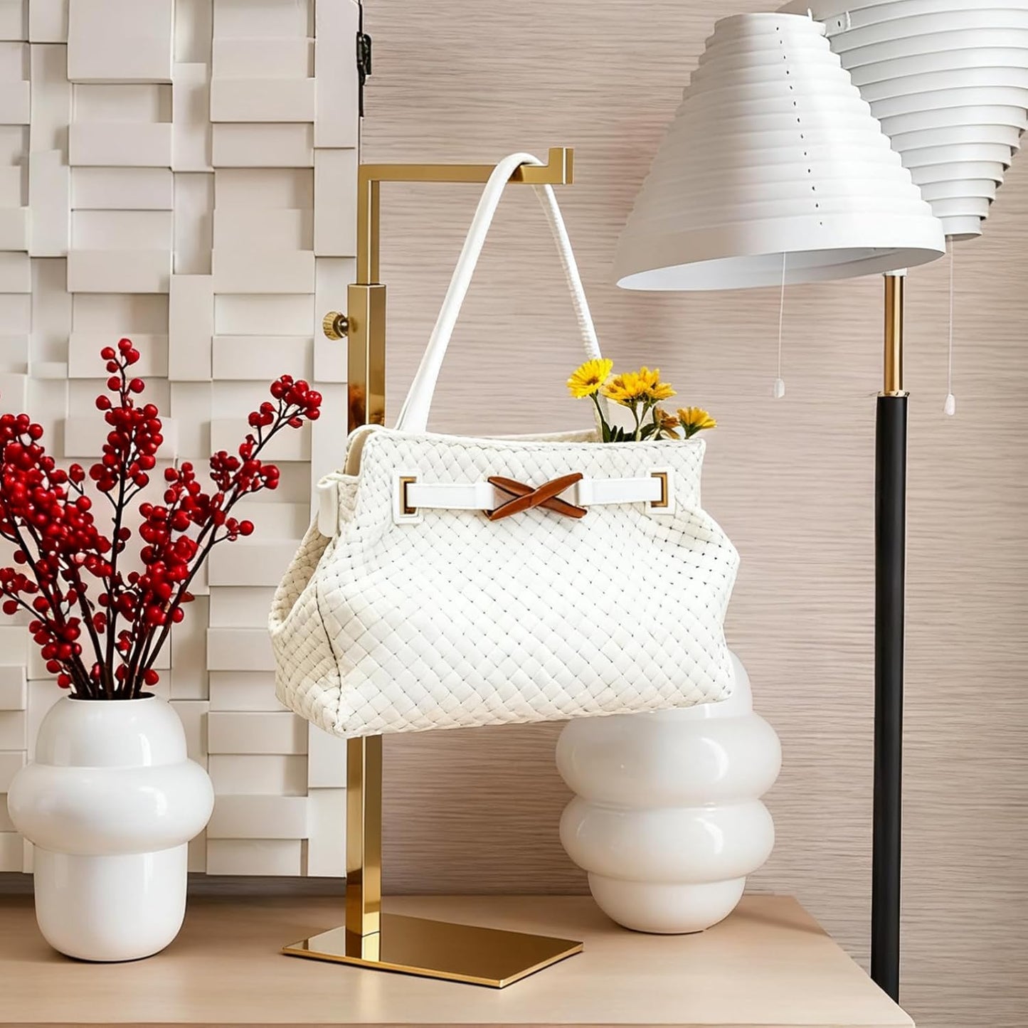 Gold Purse Display Stand, 2 Pack Handbag Display Stand Adjustable Height Stainless Steel Stability Non-slip Base, Large Bags Display Rack Luxury Purse Holder for Table Retail Closet