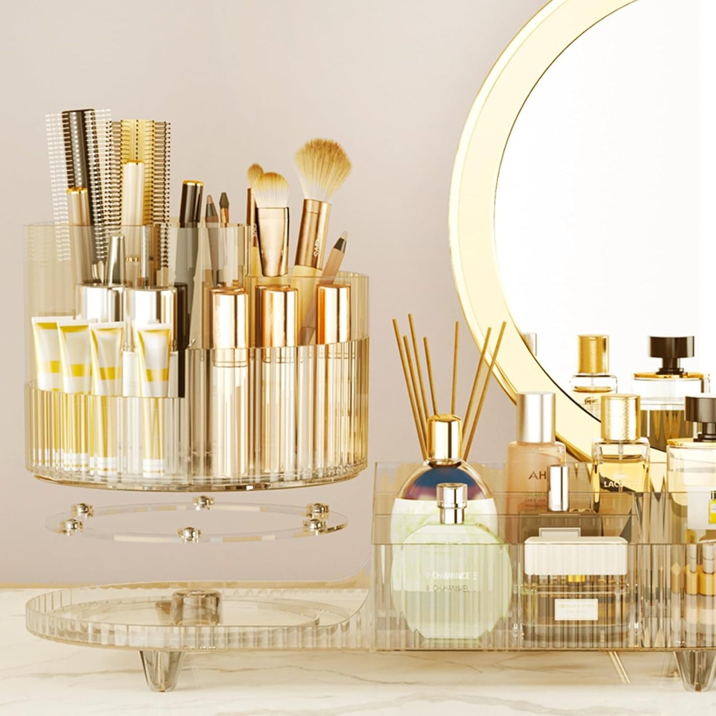 Rotating Makeup Organizer for Vanity with Brush Holder, Cosmetic Makeup Storage Organizer, Large Spinning Makeup Skincare Organizer, Countertop Makeup Perfume, Lotions Display Case (Transparent Gold)