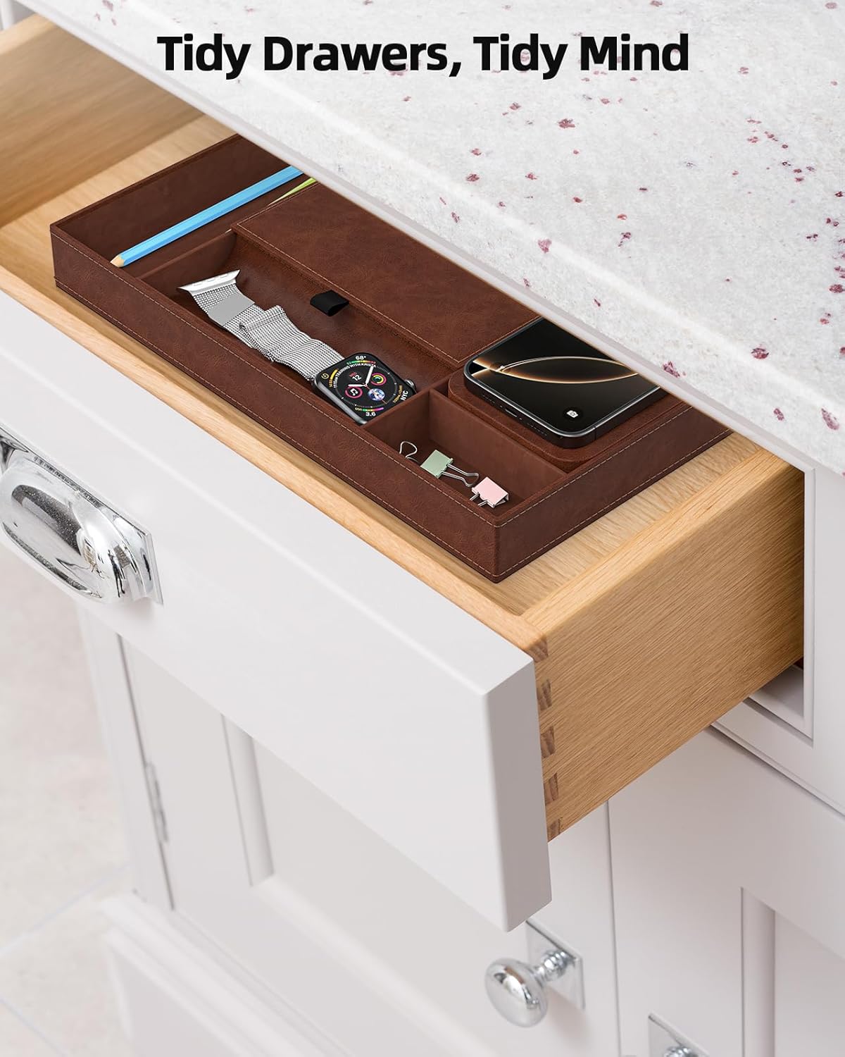 Valet Tray with Wireless Charger, Nightstand Organizer, Leather Desk Drawer Organizer Tray with 7 Compartments for Jewelries, Watch, Key, Wallet, Phone, Brown