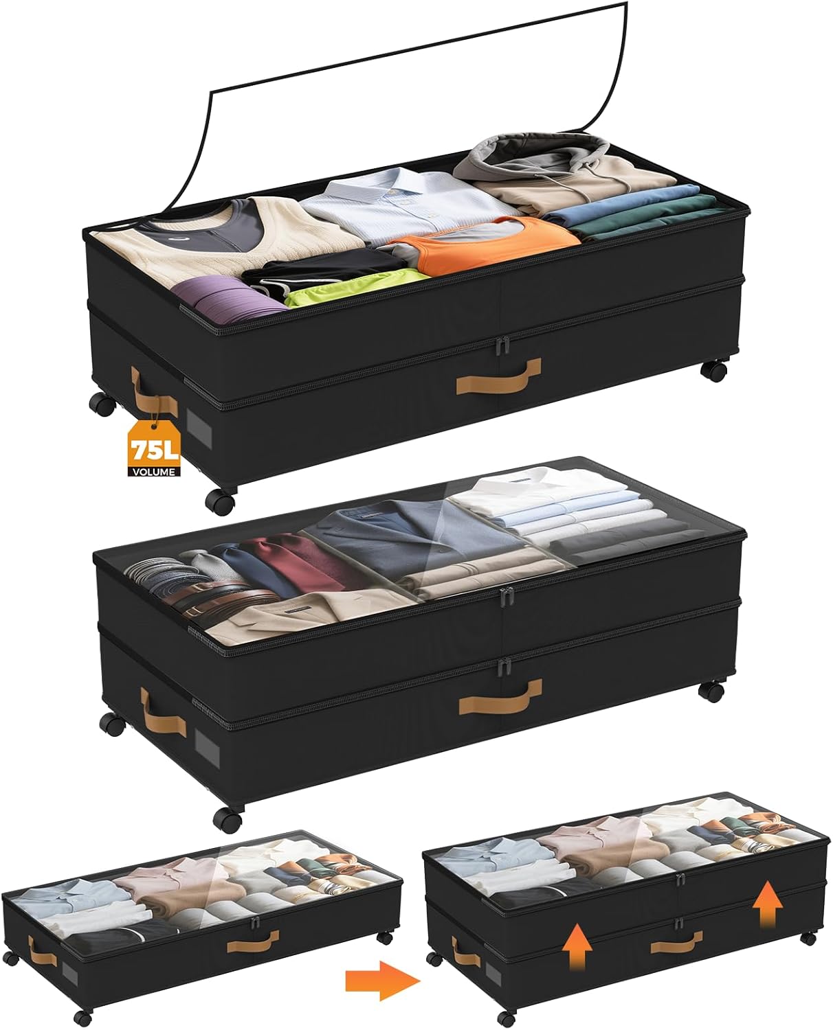 Under Bed Storage with Wheels 2-Pack, 75L XXL Under the Bed Storage Containers Large, 12" Tall Adjustable Storage for Underbed with Lids, Rolling for Shoes, Clothes, Blankets (Black)