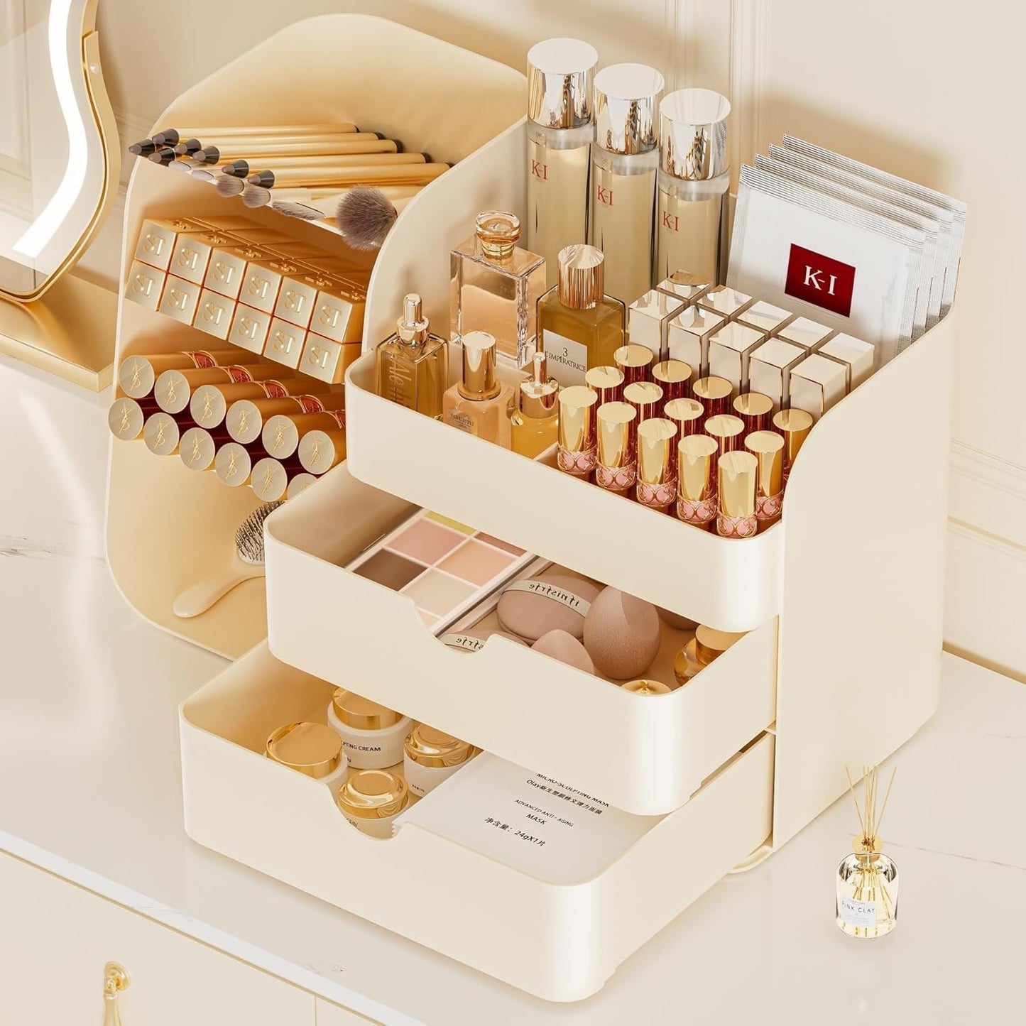 Makeup Organizer with Drawers,Large Capacity Countertop Organizer for Vanity,Bathroom and Bedroom Desk Cosmetics Organizer,Easy To Storage Skincare,Brushes, Eyeshadow,Lipstick (Cream, Large)