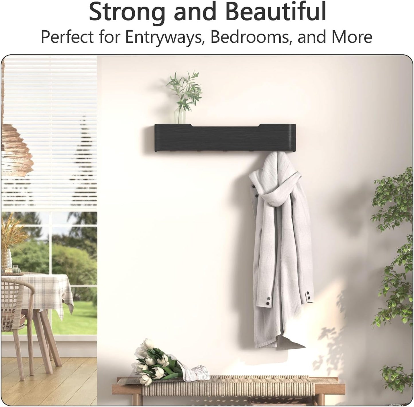 Coat Rack Wall Mount with Hidden Hooks Modern Key Holder Wood Entryway Hook with Shelf for Bedroom Kitchen Hallway Bathroom Designed for Hanging Coats Hats Bags Towels Dog Leashe(Black,5 Hooks)