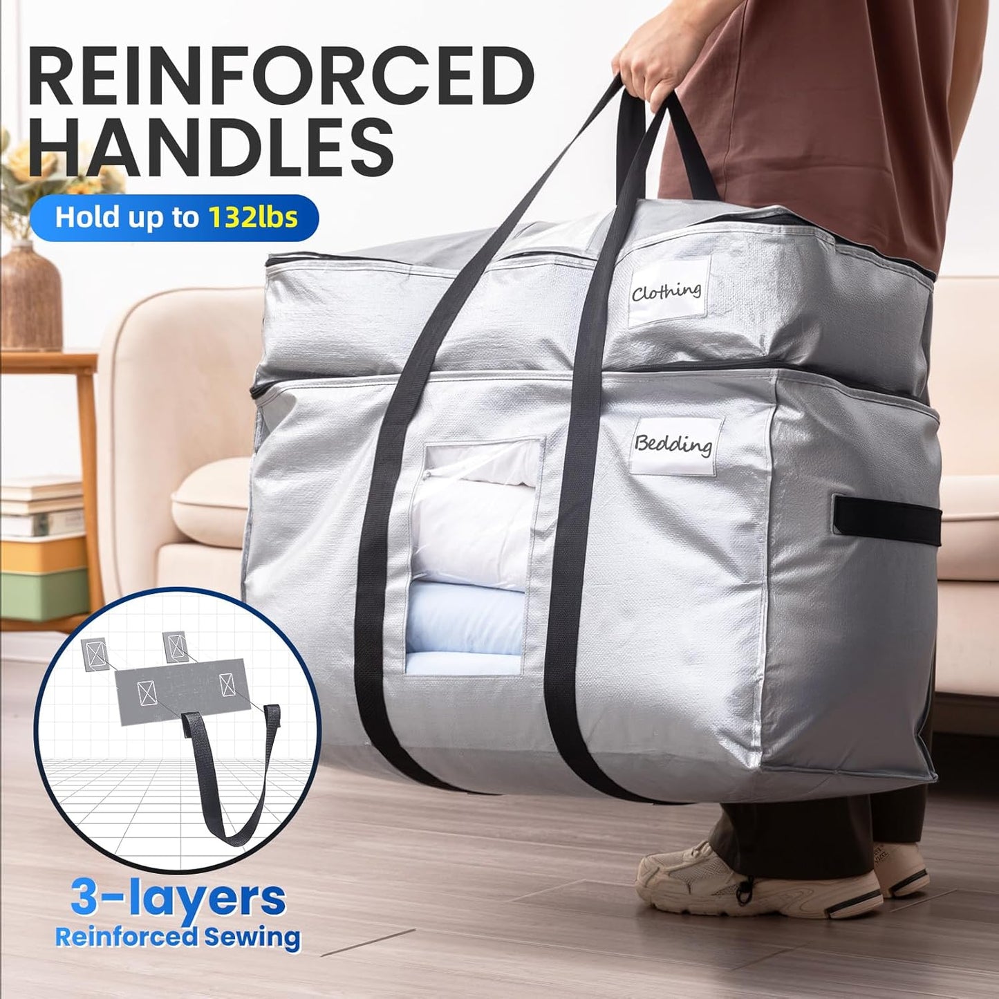 TAILI 2 Tier Extra Large Moving Bags, 2 Pack Silver Heavy Duty Totes for Storage with Visible Window, Wrap Around Handles, Storage Bags for Space Saving, Alternative to Moving Boxes