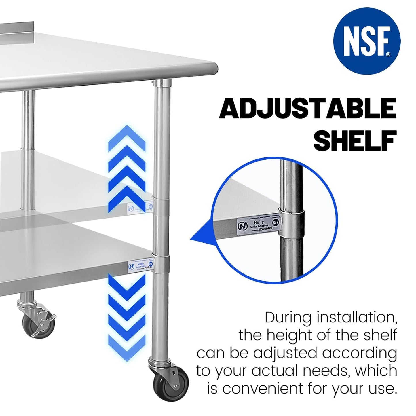 Hally Stainless Steel Table for Prep & Work 24 x 60 Inches with Caster Wheels, NSF Commercial Heavy Duty Table with Undershelf and Backsplash for Restaurant, Home and Hotel