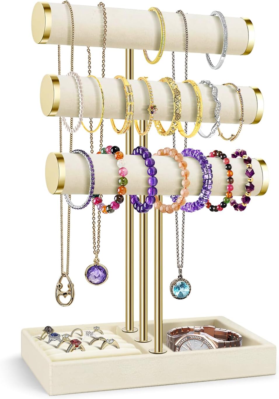 Flexzion 3 Tier Bracelet Holder Display Stand - Beige Velvet Bracelet Holder Organizer with Detachable T Bar - Jewelry Display Stand for Bracelets, Bangles, Necklace, Watches, Rings