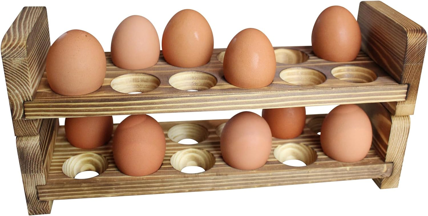 Expandable Stackable Wooden Egg Holder Countertop for 24 Eggs, Rustic Kitchen Decoration, Two-Piece Compact Egg Rack for Counter - Chicken Decor - Gui's Chicken Coop (Double Rack)