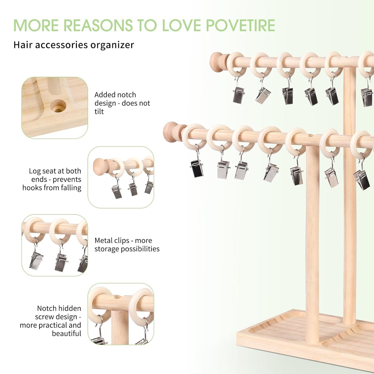 POVETIRE Headband Holder Stand Storage for Baby, 2 Tier Wooden Bow Organizer for Girls Hair Bows, Infant Hair Accessories Rack Display for Nursery Decor