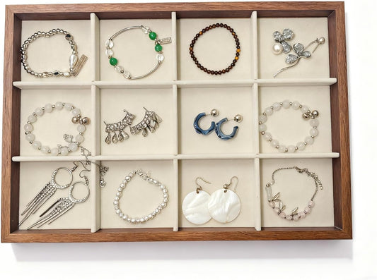 Large Jewelry Trays for Drawers Stackable Velvet Jewelry Display for Vendors Jewelry Drawer Organizer Inserts for Rings Necklace Bracelets Earrings and Studs Earring (Beige, 12 Grid)