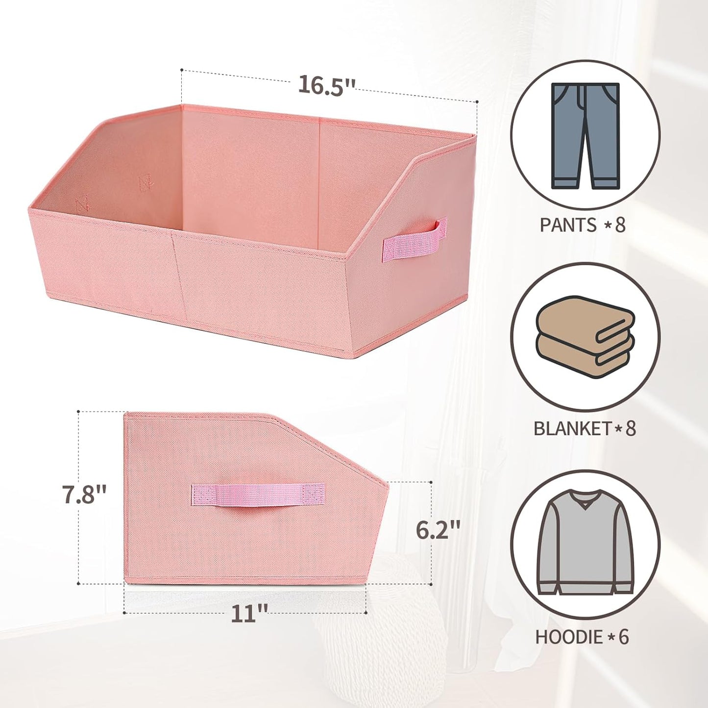 Closet Baskets for Shelves Trapezoid - Decorative Storage Baskets with Handle, Closet Bins for Organization, Shelf Storage Bins for Clothes, Books, Home, Office, 8 Pack, Pink