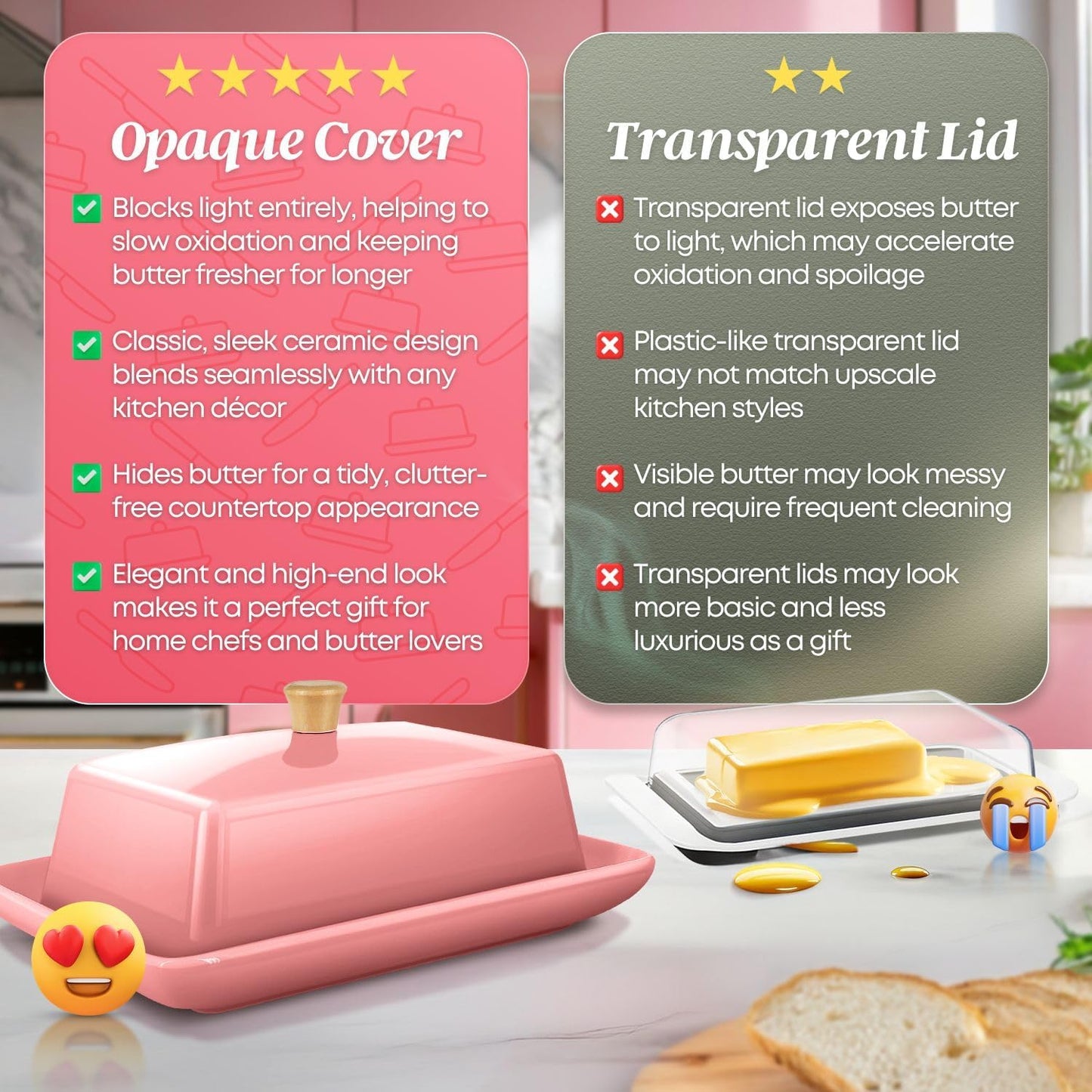 Flexzion Ceramic Pink European Butter Dish with Lid for Countertop (8 Inch) - Wide 2 Stick Double Butter Holder for Counter, Cream Cheese Container Storage Keeper