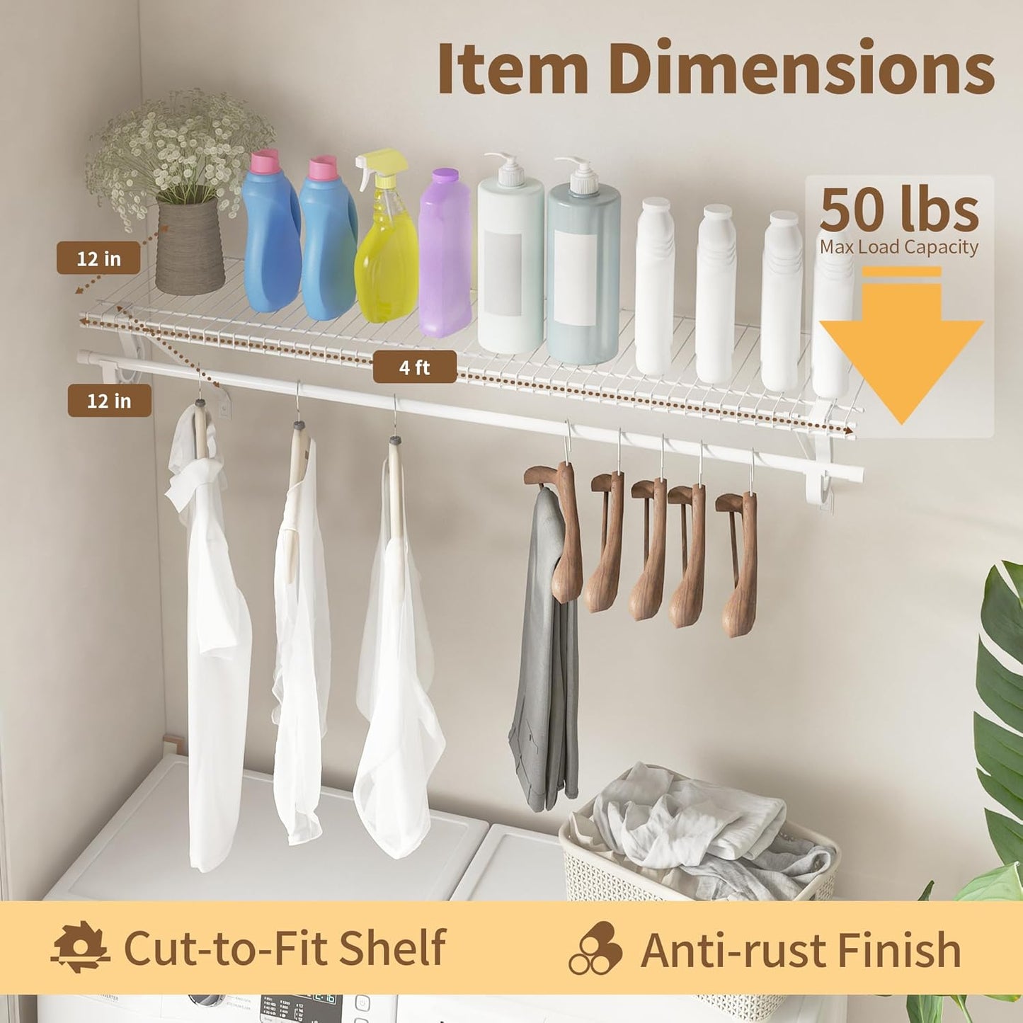 Closet Shelves Wall Mounted with Hanging Rod, 2 Pack 4 ft x 12 in White Wire Shelving Kit, Metal Wall Shelf Organizer for Home, Pantry, Laundry Room Storage