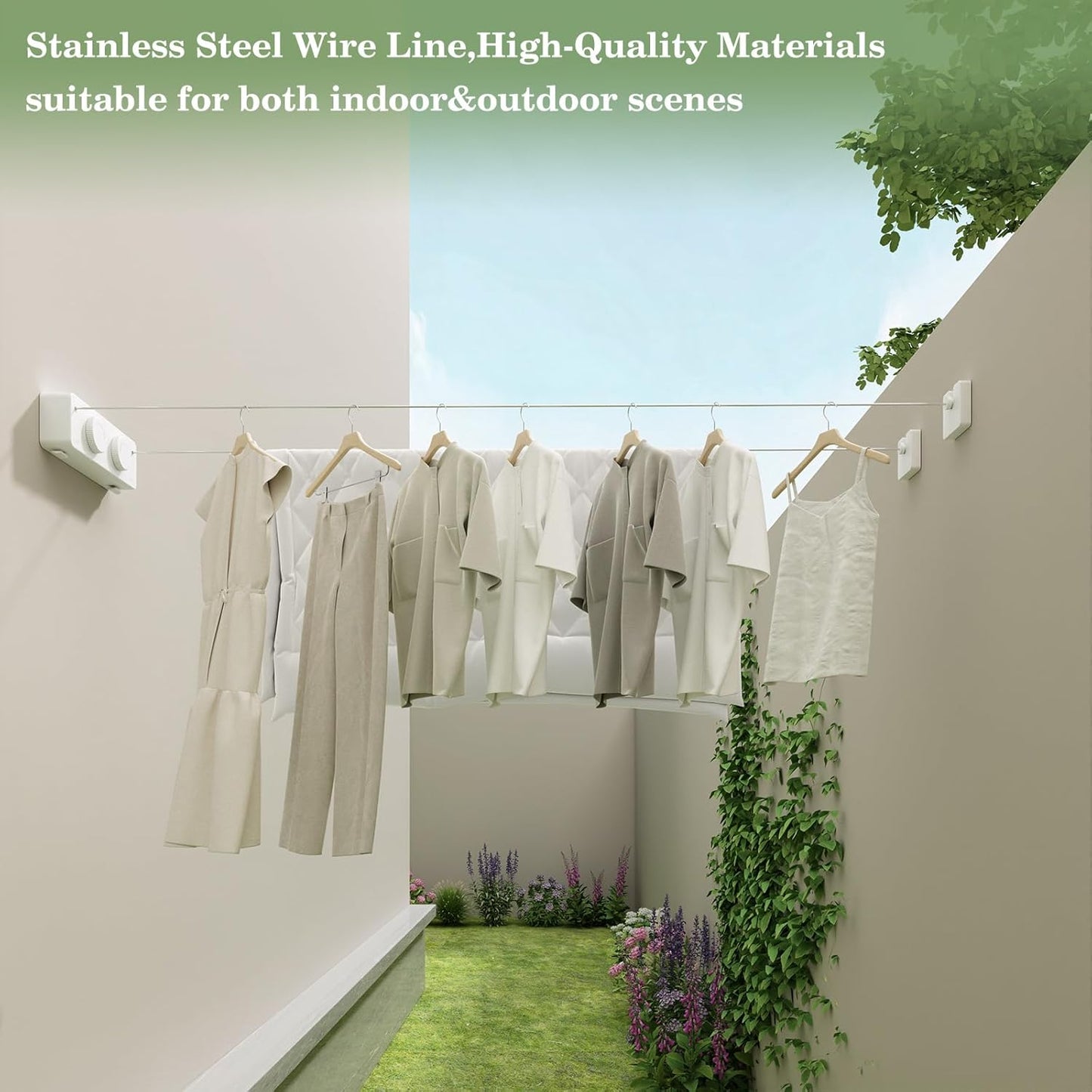 Danpoo Retractable Clothesline, Anti-Sag Adjustable Knob Heavy-Duty Clothes Line for Indoors/Outdoors with 2 * 13.8ft Stainless Steel Wire, Laundry Wall Drying Solutions