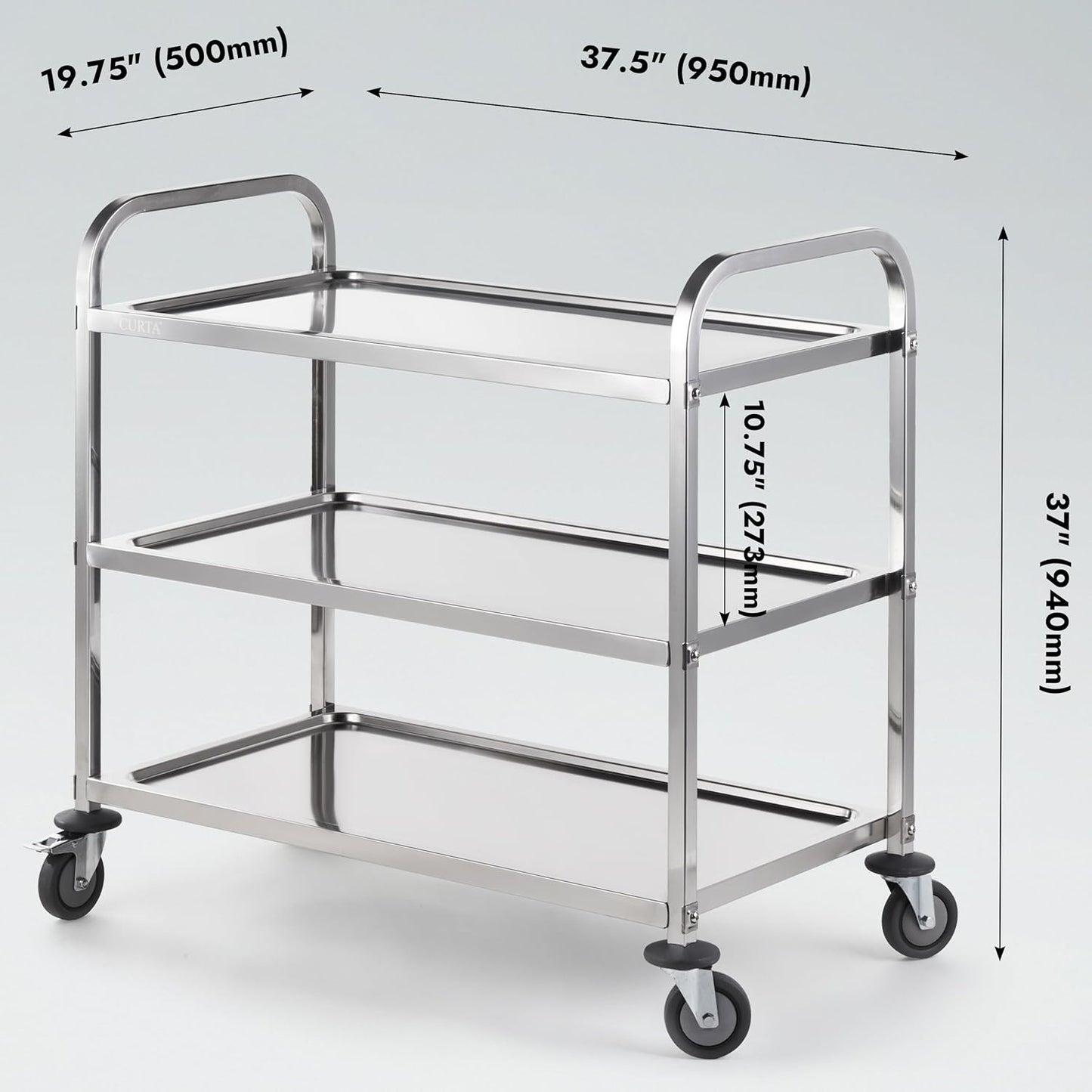 CURTA Stainless Steel Serving Trolley, 38" L x 20" W x 37" H 3 Tiered Shelf Kitchen Utility Cart, Rolling Casters Brake Wheel, Commercial Pro for Restaurant/Hotel/Lab/Clinic/Salon/Workshop