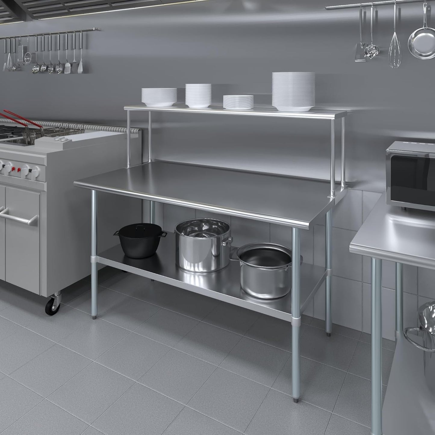 Stainless Steel Work Table with Wide Single Tier Overshelf | Metal Kitchen Prep Table & Shelving Combo (30" x 60" Work Table + 12" Overshelf)