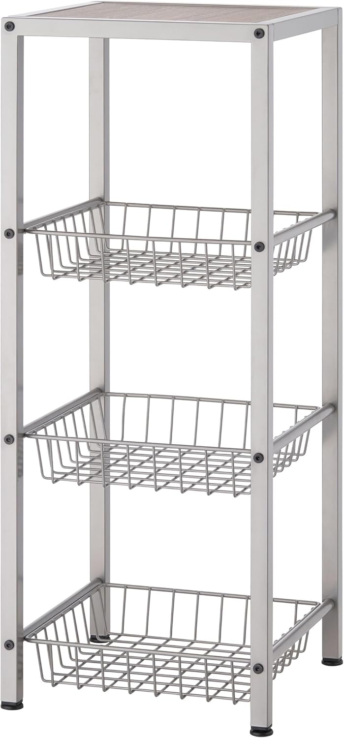 TRINITY 4-Tier Freestanding Metal Shelving Rack with Wire Baskets, Wood Top, and Adjustable Feet, 12"x12"x30", Champagne + Classic Gray Top