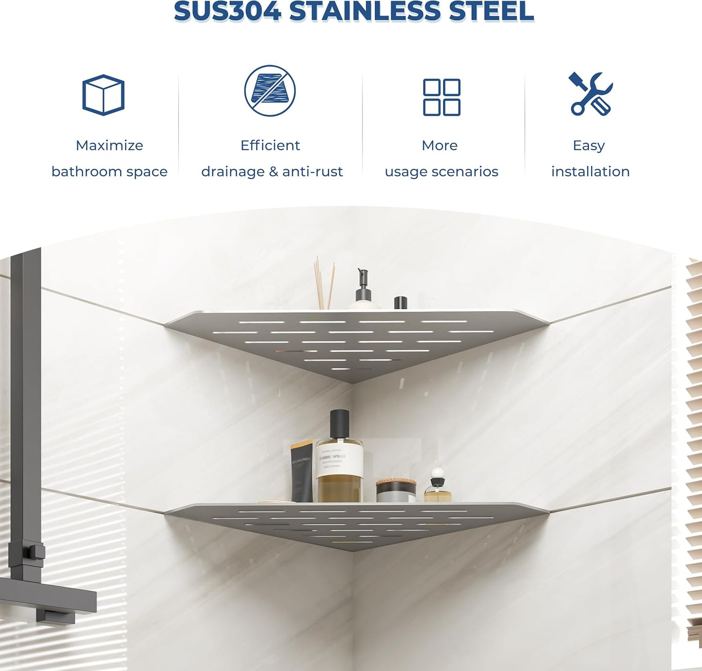 FerdY 2-Pack 10" Brushed Nickel Recessed Corner Shower Shelf, for Tiled Bathroom Walls, 304 Stainless Steel Floating Shelf, Shower Caddy Storage Shelves, No Drilling Required, Striped Diamond