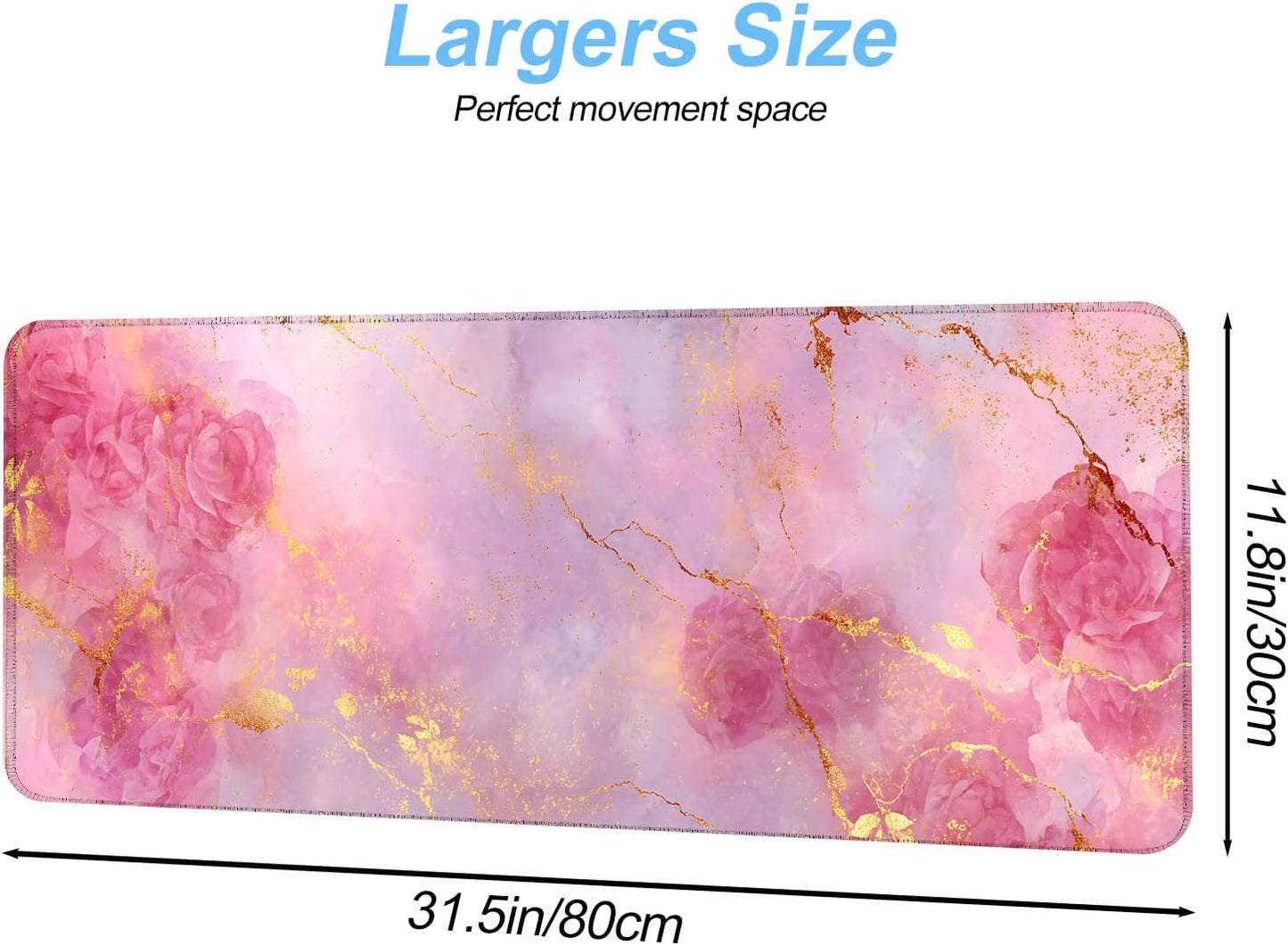 Elegant Pink Rose and Gold Marble Mouse Pad – 31.5" x 11.8" Extended Desk Mat with Abstract Floral Design – Luxurious Non-Slip Surface for Office & Home Decor