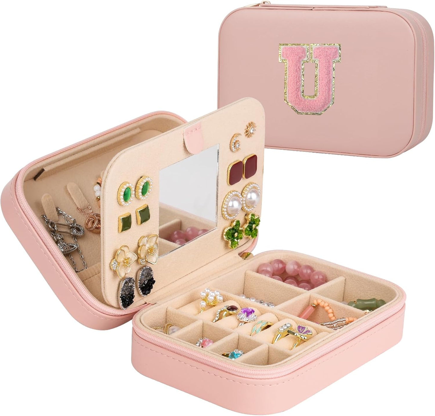 TopPerfekt Travel Jewelry Case Travel Jewelry Box With Mirror, Jewelry Organizer Bridal Shower Gifts To Her, Earring Travel Case, Trendy Gift for Women and Girls (U, Pink)