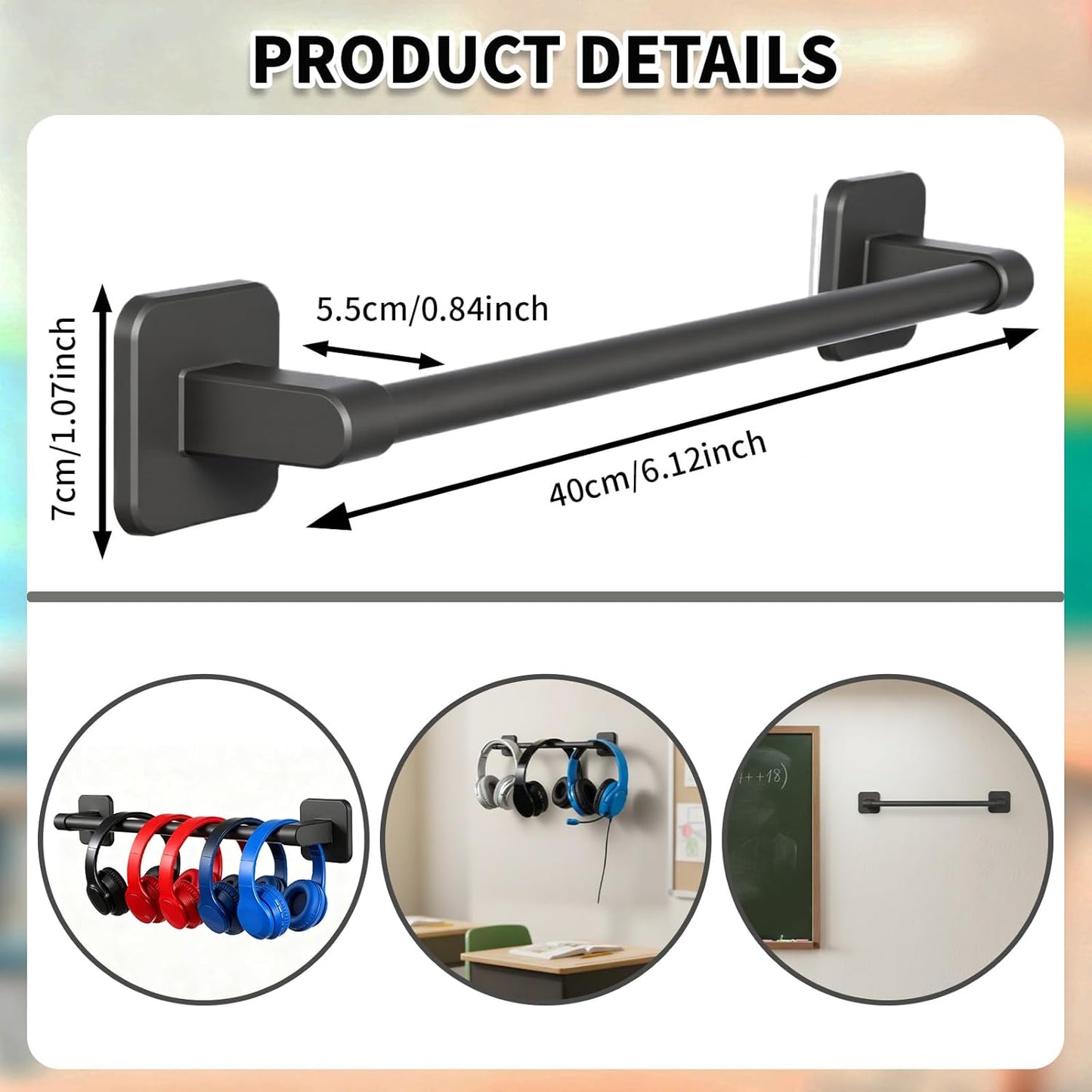 Classroom Wall Mounted Headphone Storage Rod, 2 Headphone Storage Rods with 4 Adhesive Hooks for Placing School Headphones