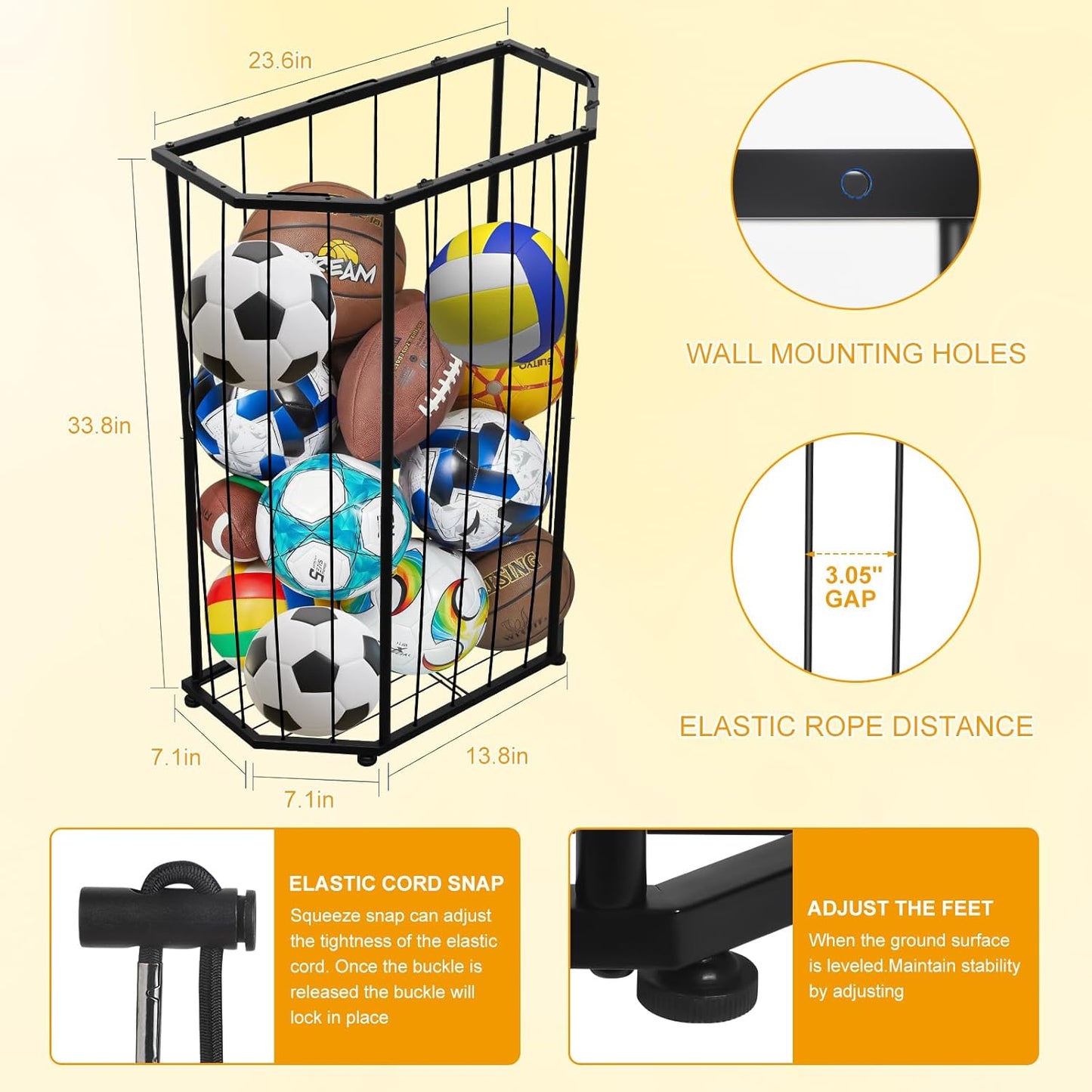 Garage Ball Storage Holder,Elastic Cord Design Can Floor-Standing & Wall-Mounted Use,Used for Basketball,Footbal,Volleyball,Rugby,Home or Outdoors Sports Equipment Storage Ball Rack。(Black)