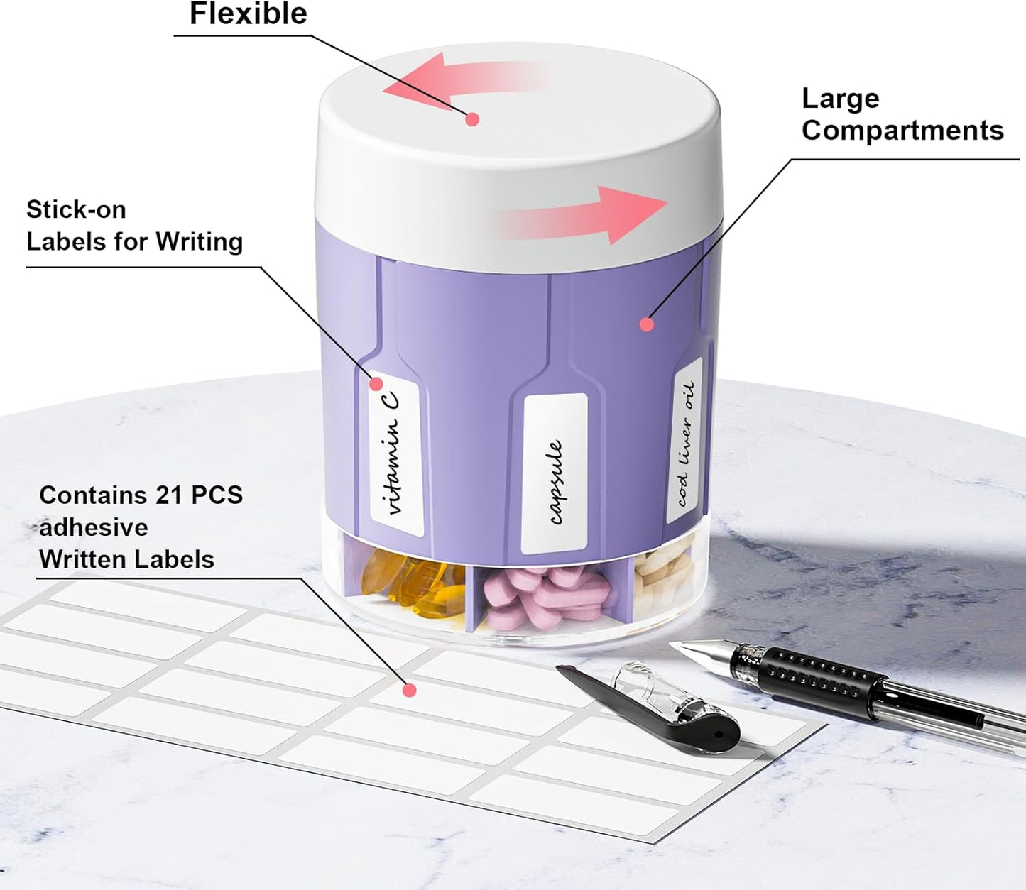 Betife Extra Large Supplement Organizer,Weekly Pill Organizer Bottle, Daily Pill Dispenser with 7 Large Compartments, Organizer to Hold 7 Day Vitamin Medication,21 labels and a cleaning brush (Purple)