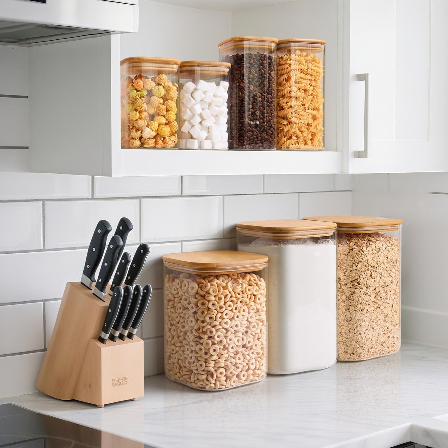 ComSaf 4.6Qt Glass Food Storage Containers, 1.2 Gallon Glass Flour and Sugar Containers with Airtight Lids, Large Square Jars with Bamboo Lids for Rice, Pasta, Oats, Grains, Cookies, Coffee Beans