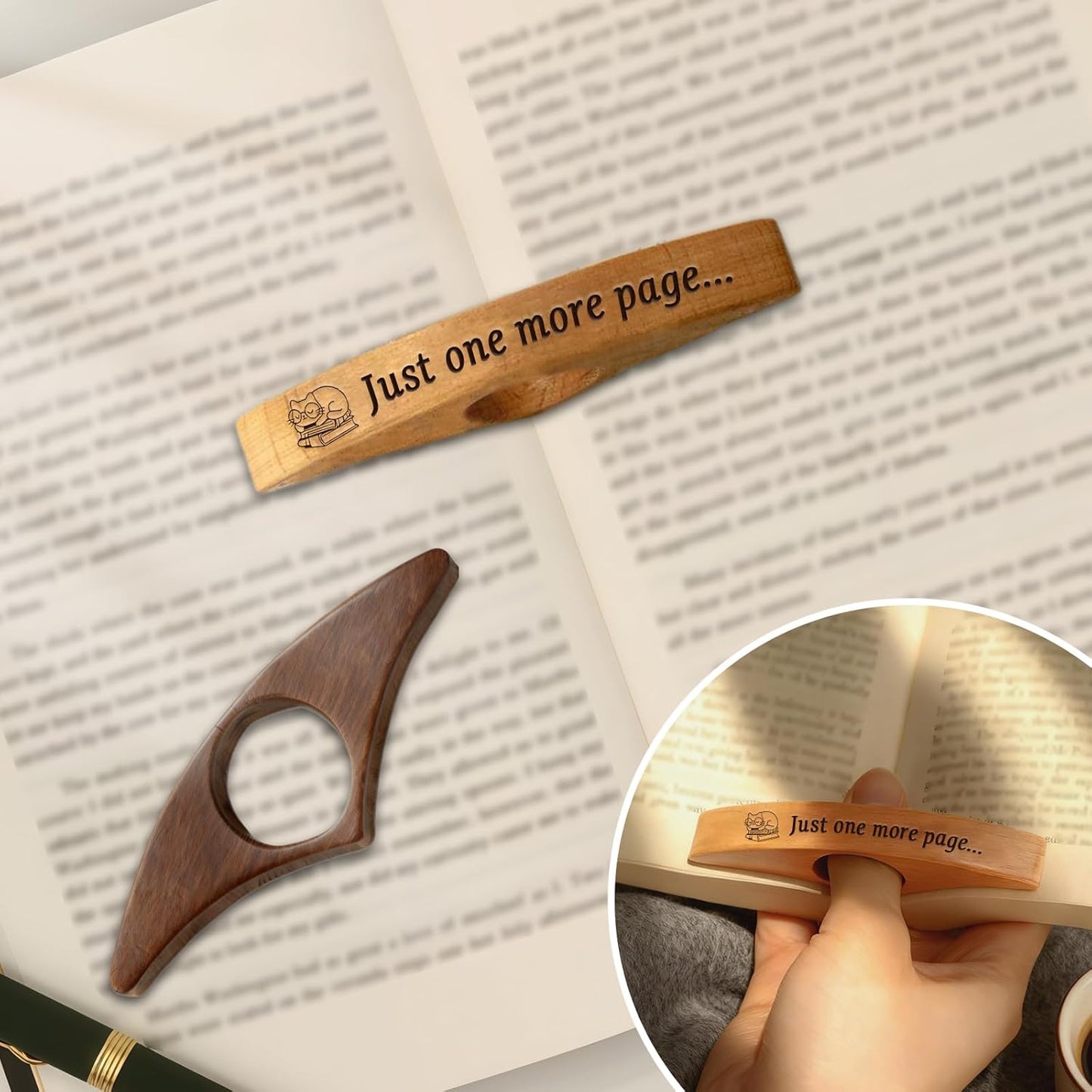 Wooden Book Page Holders for Reading - Thumb Page Holder & Book Opener Holder | Just One More Page Ergonomic Hands-Free Helper - Perfect Gift for Book Lovers & Readers(Natural Wood 3)