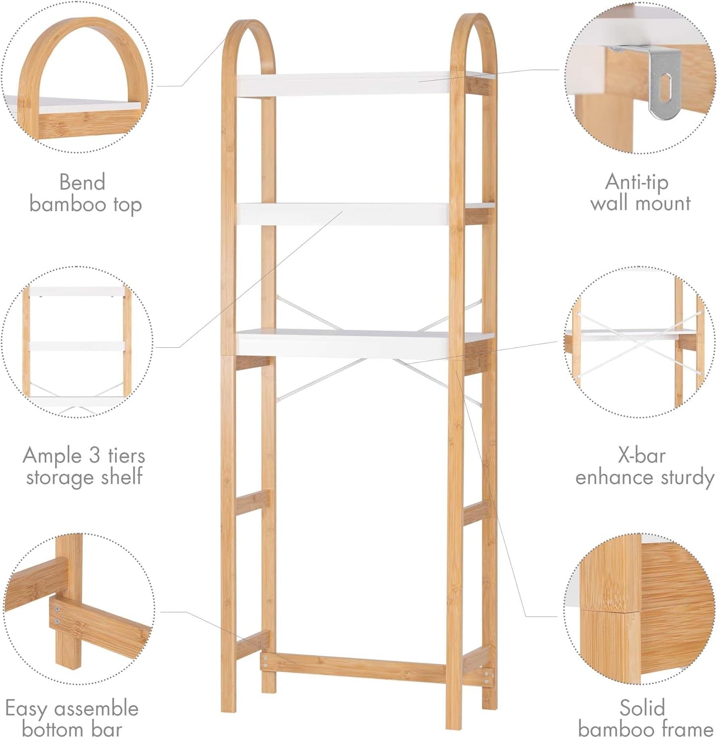 Spirich Over The Toilet Storage Shelf, 3-Tier Over Toilet Bathroom Organizer, Space-Saving Above Toilet Storage Shelf Rack with Bamboo Frame