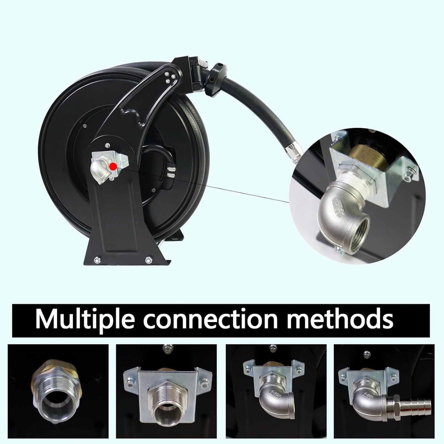 Fuel Hose Reel,1"X33' Retractable Ratchet Spring Driven Diesel Hose Reel,360 Rotating Fuel Hose Swivel,AUTO Fuel Nozzle,SS304 Elbow Pipe,Barb Fitting,300 PSI,Swivel Steel Construction Reel